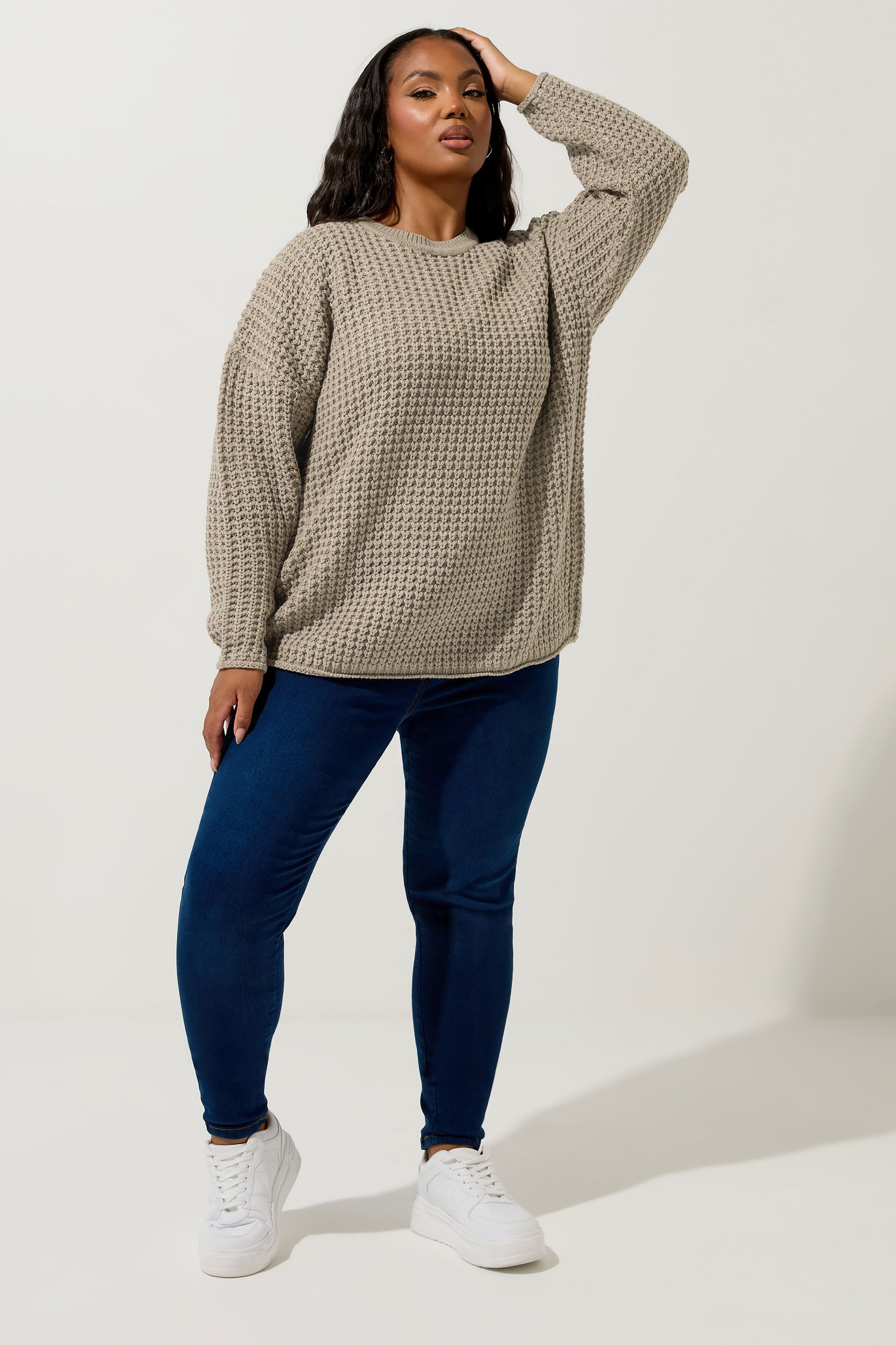 YOURS Plus Size Natural Brown Waffle Knit Jumper | Yours Clothing 2