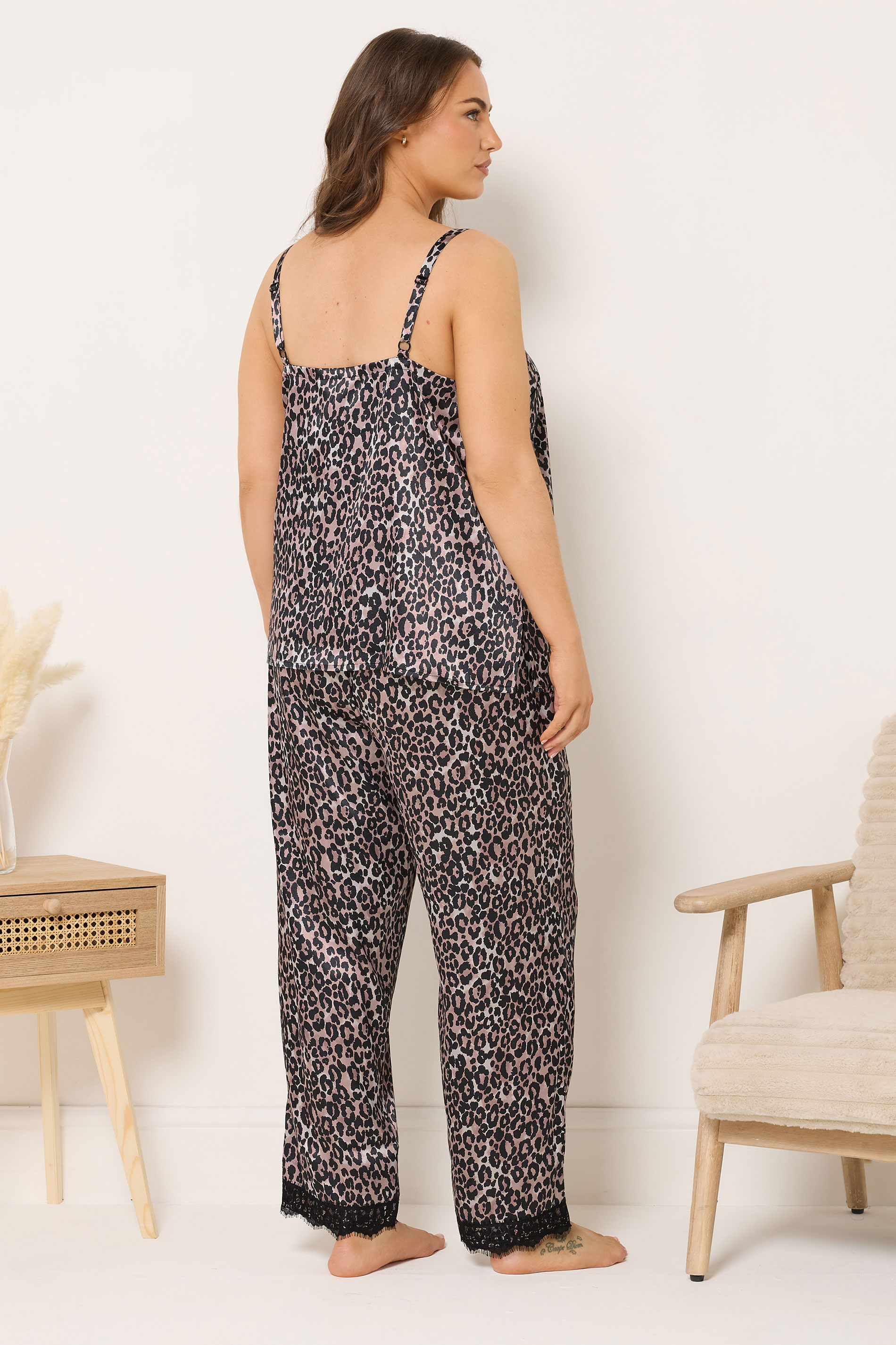 YOURS Plus Size Black Leopard Satin Lace Cami Pyjama Set | Yours Clothing 2