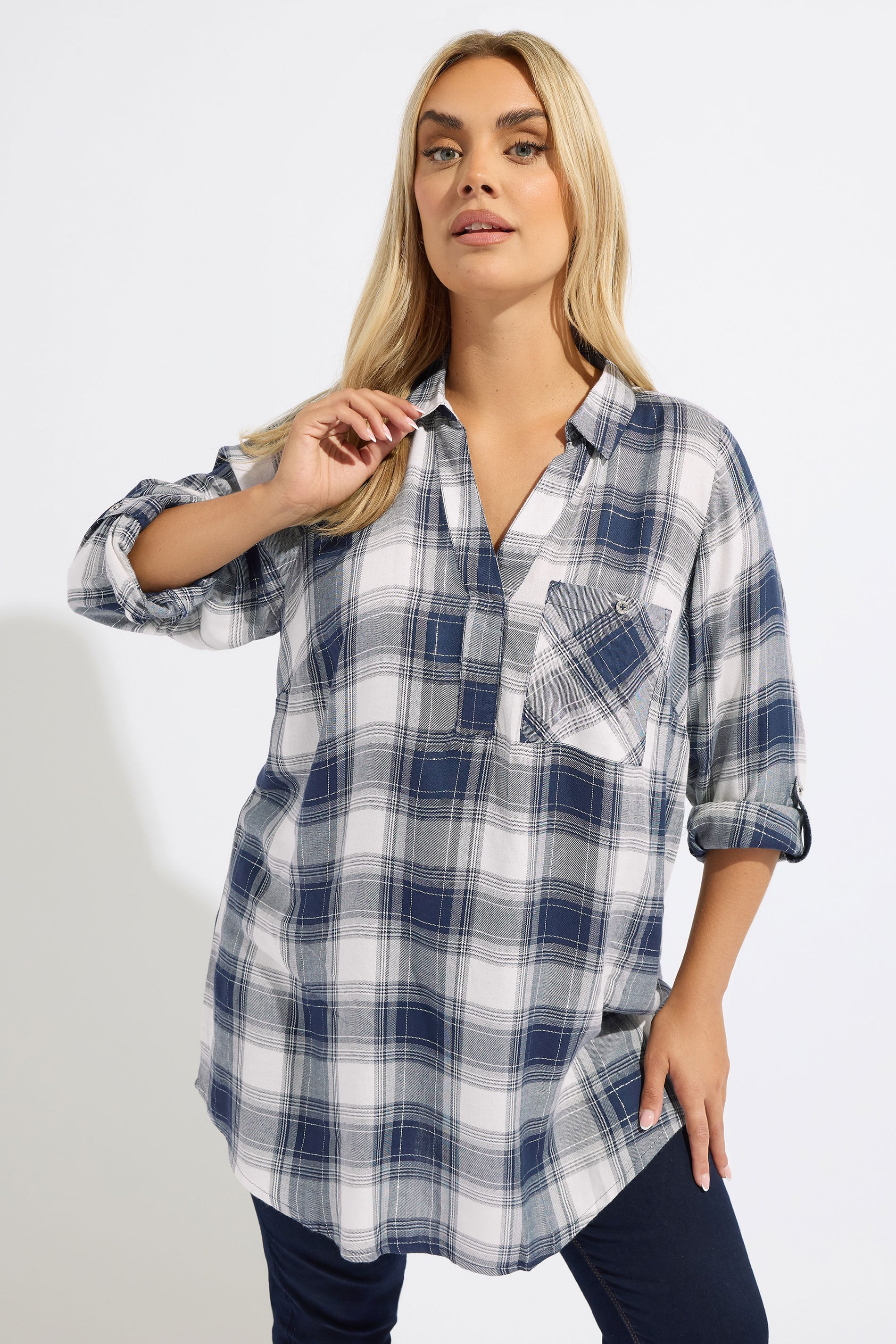 YOURS Plus Size Navy Blue Check Overhead Shirt | Yours Clothing 3