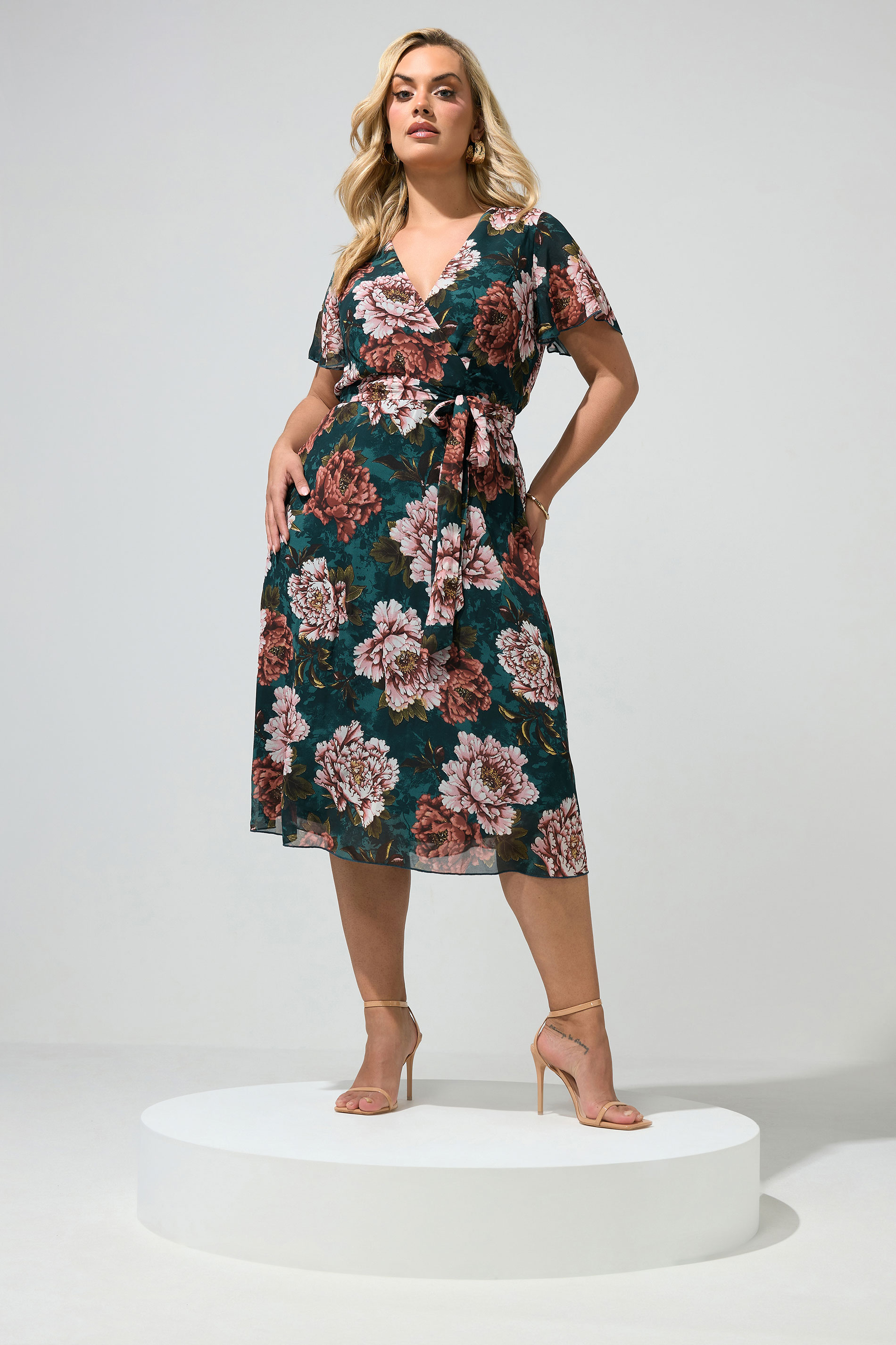 YOURS LONDON Plus Size Green & Pink Floral Wrap Dress | Yours Clothing 3