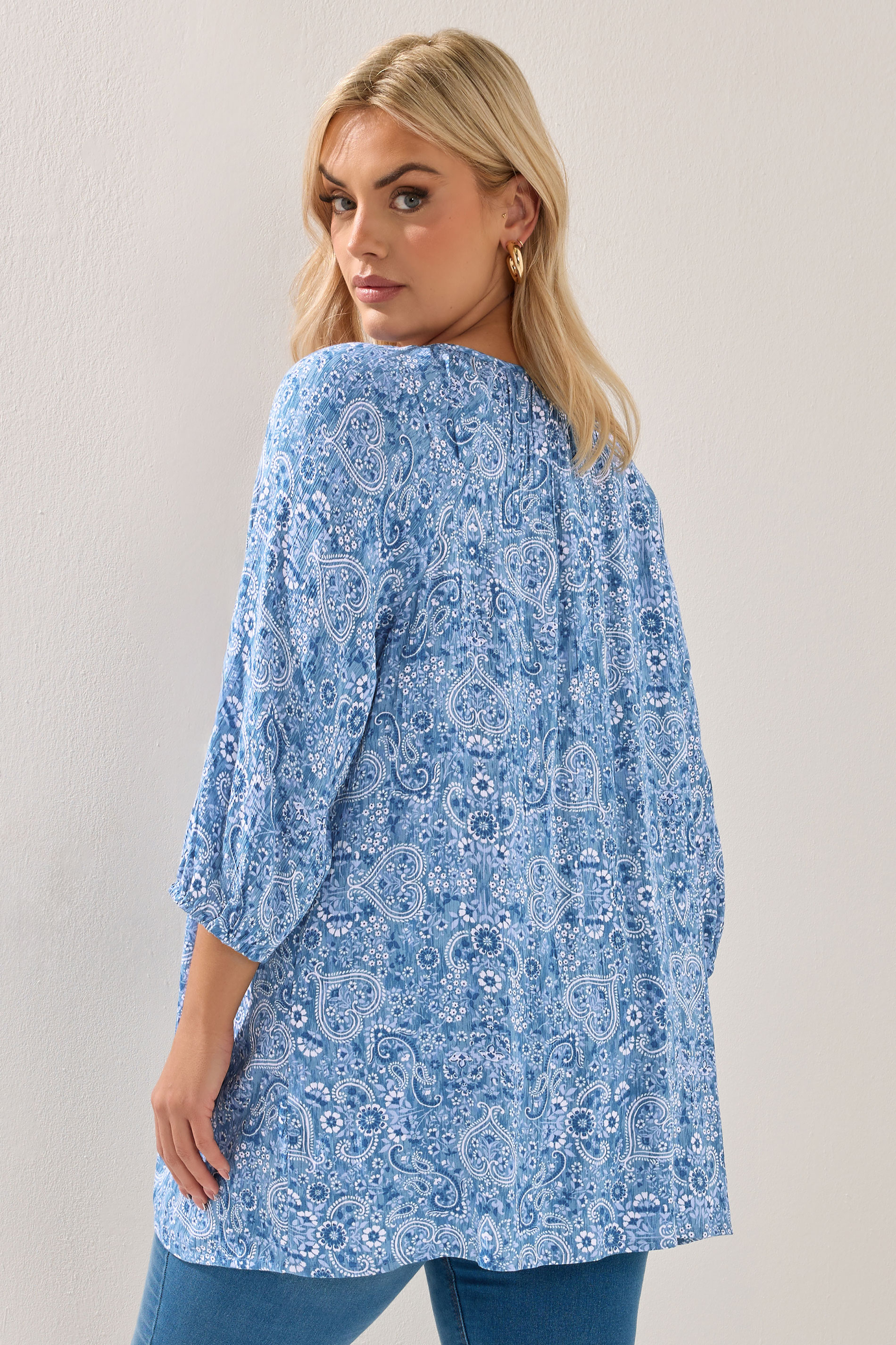 YOURS Plus Size Blue Paisley Print Sequin Tie Neck Top | Yours Clothing 2