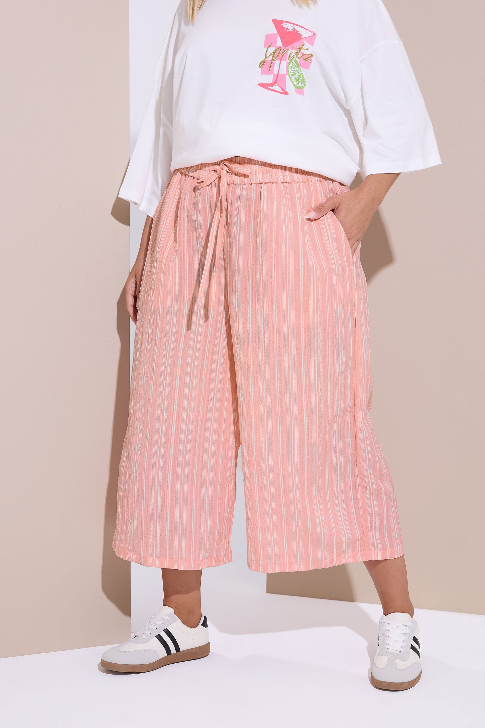 YOURS Plus Size Pink Stripe Textured Cropped Trousers | Yours Clothing 3