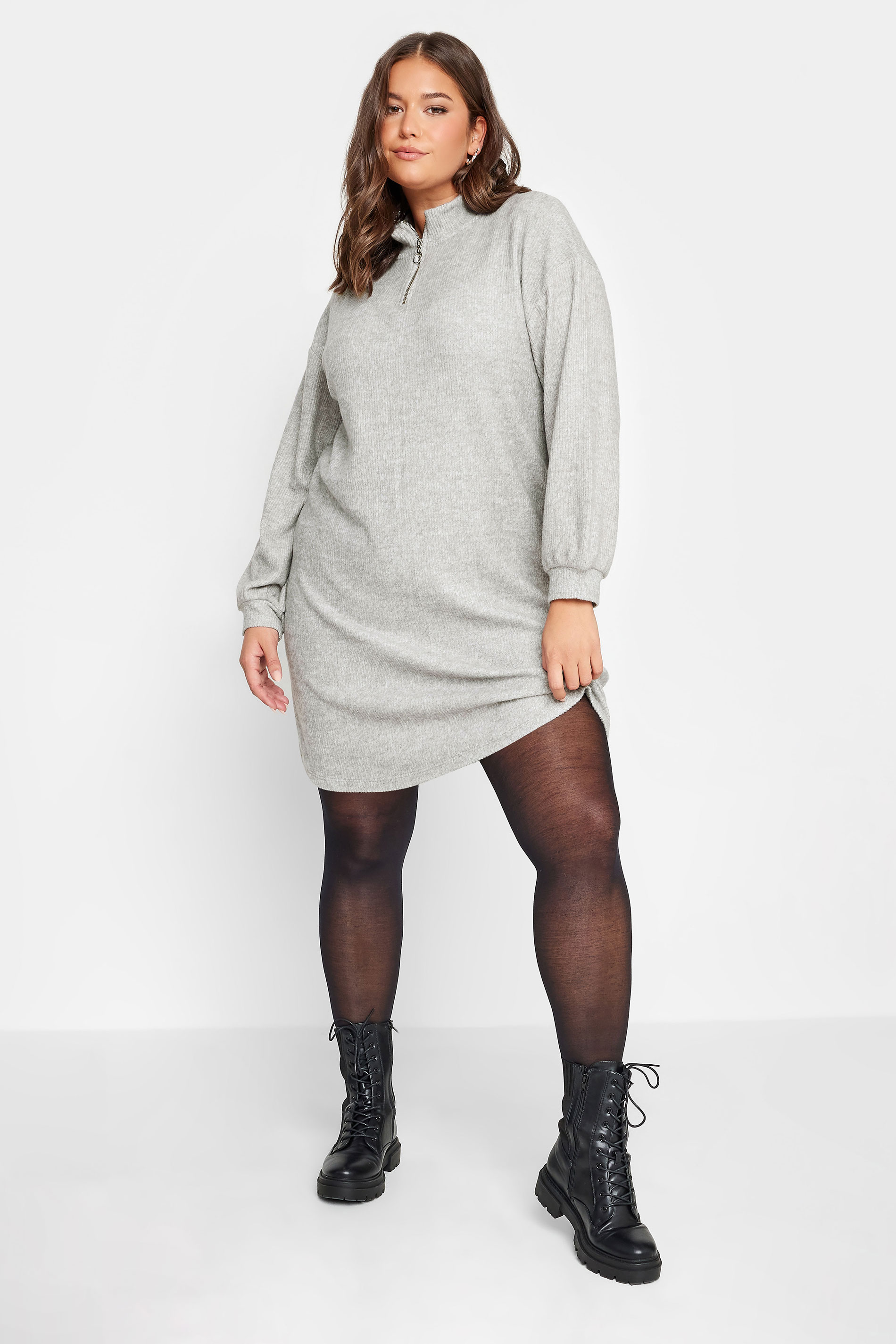 YOURS Plus Size Grey Soft Touch Zip Neck Jumper Dress | Yours Clothing 1