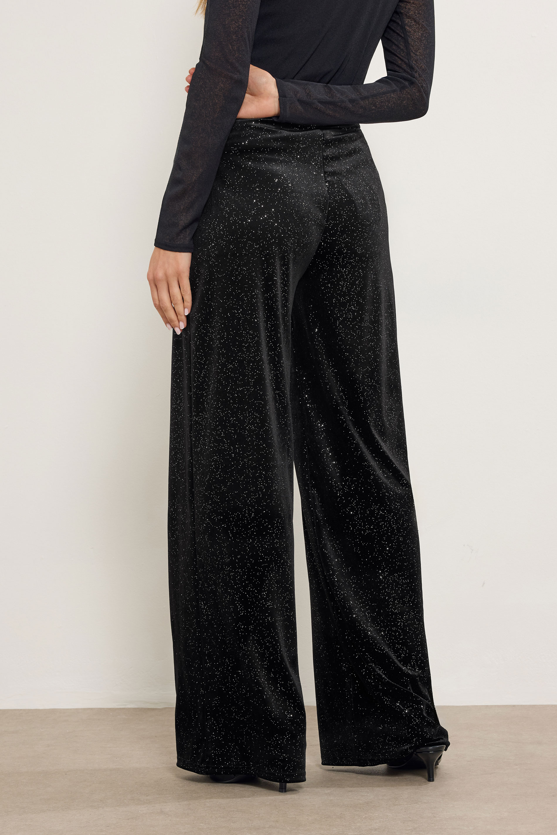 LTS Tall Black Velvet Glitter Wide Leg Trousers | Long Tall Sally  2