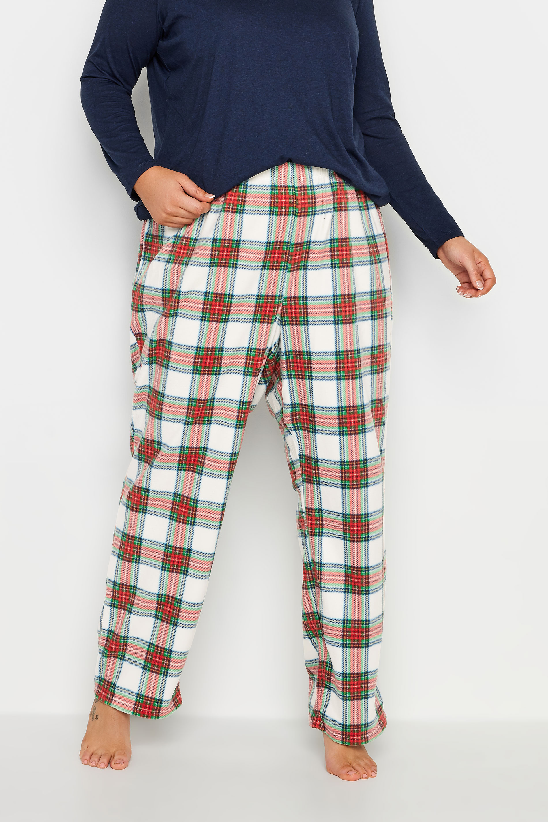 YOURS Curve Plus Size White & Red Tartan Print Fleece Pyjama Bottoms | Yours Clothing  2