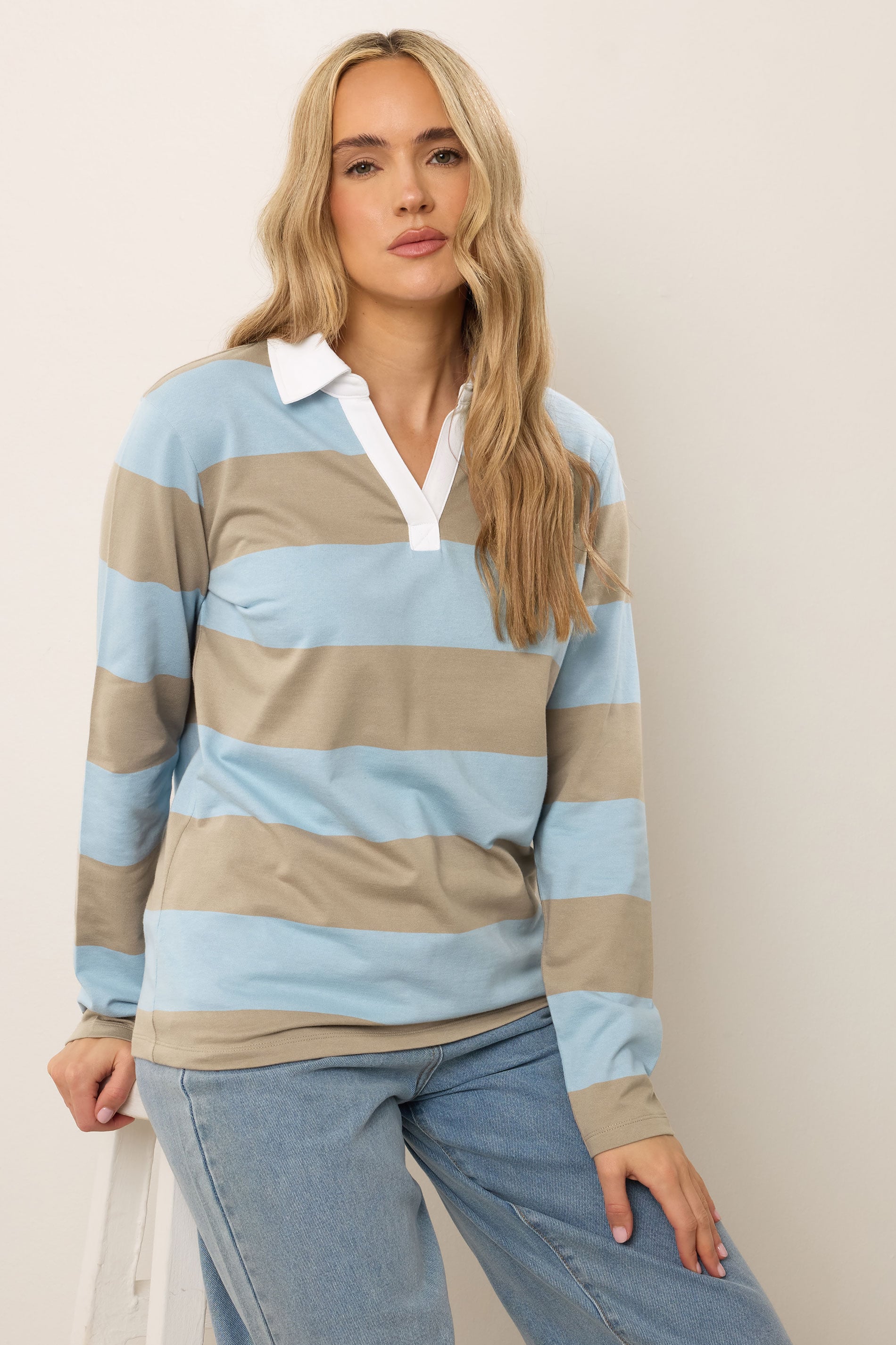 LTS Tall Light Blue & Brown Stripe Cotton Rugby Sweatshirt | Long Tall Sally 1