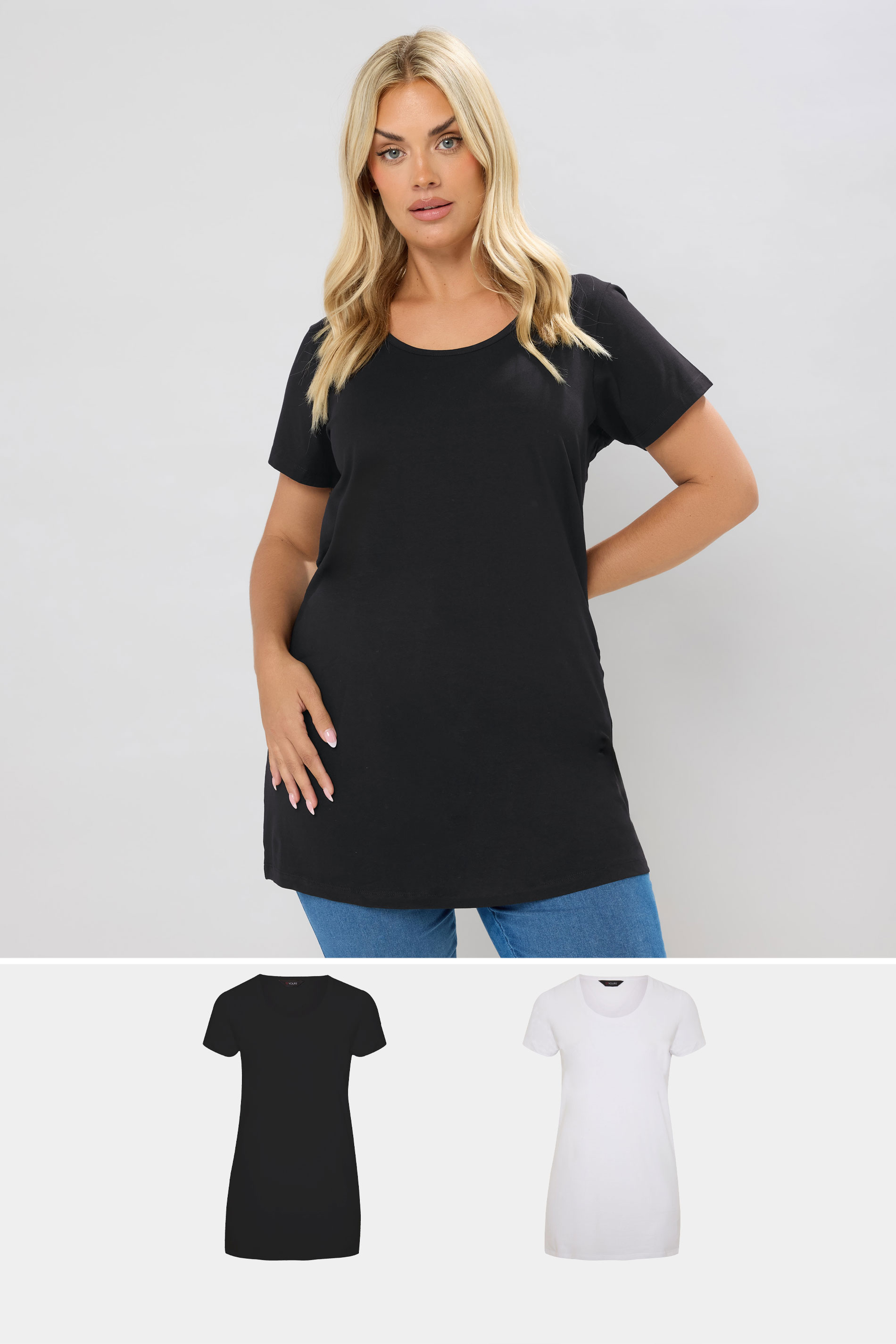 YOURS Plus Size 2 PACK Black & White Longline T-Shirts | Yours Clothing  1