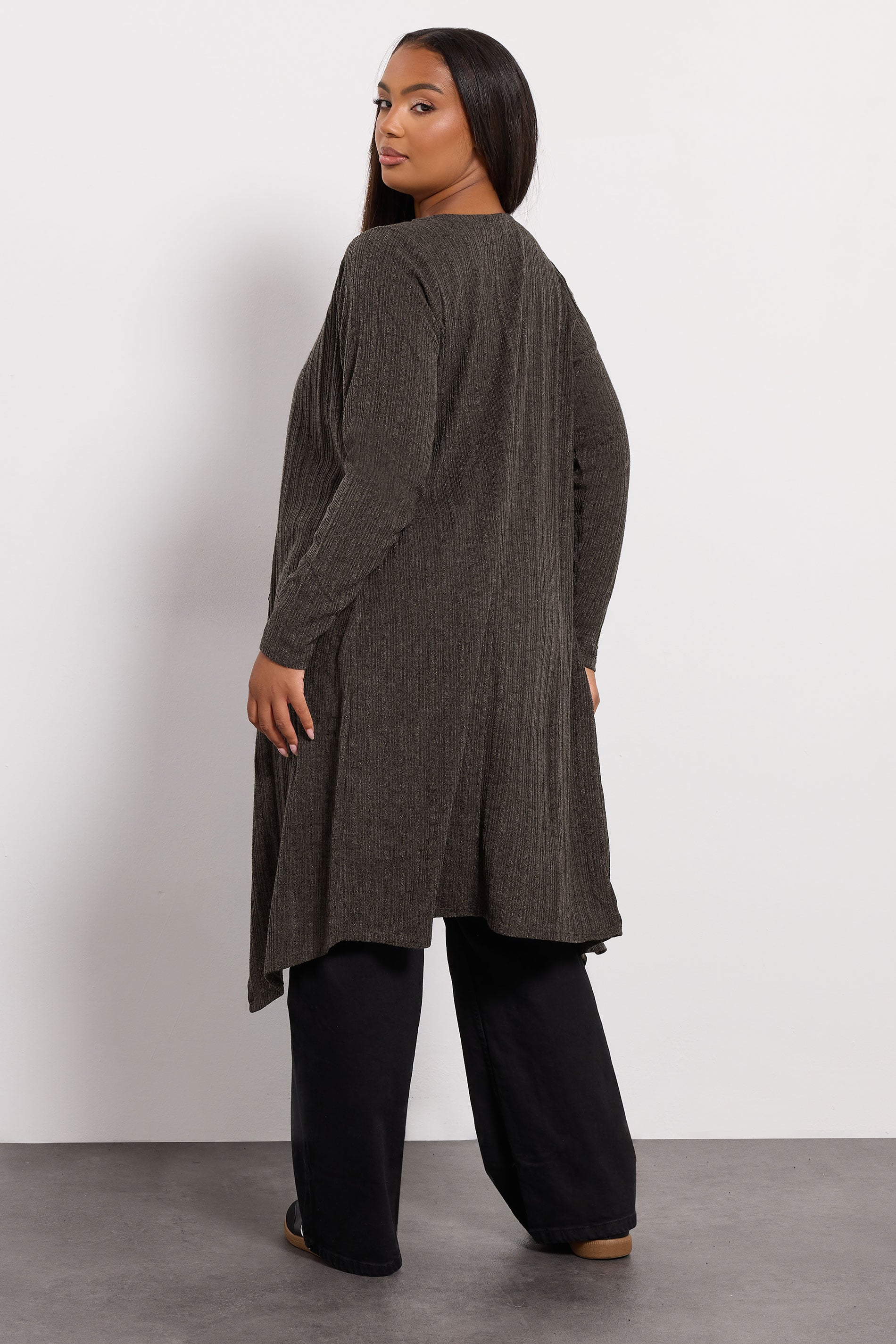 YOURS Plus Size Chocolate Brown Ribbed Midaxi Waterfall Cardigan | Yours Clothing 2