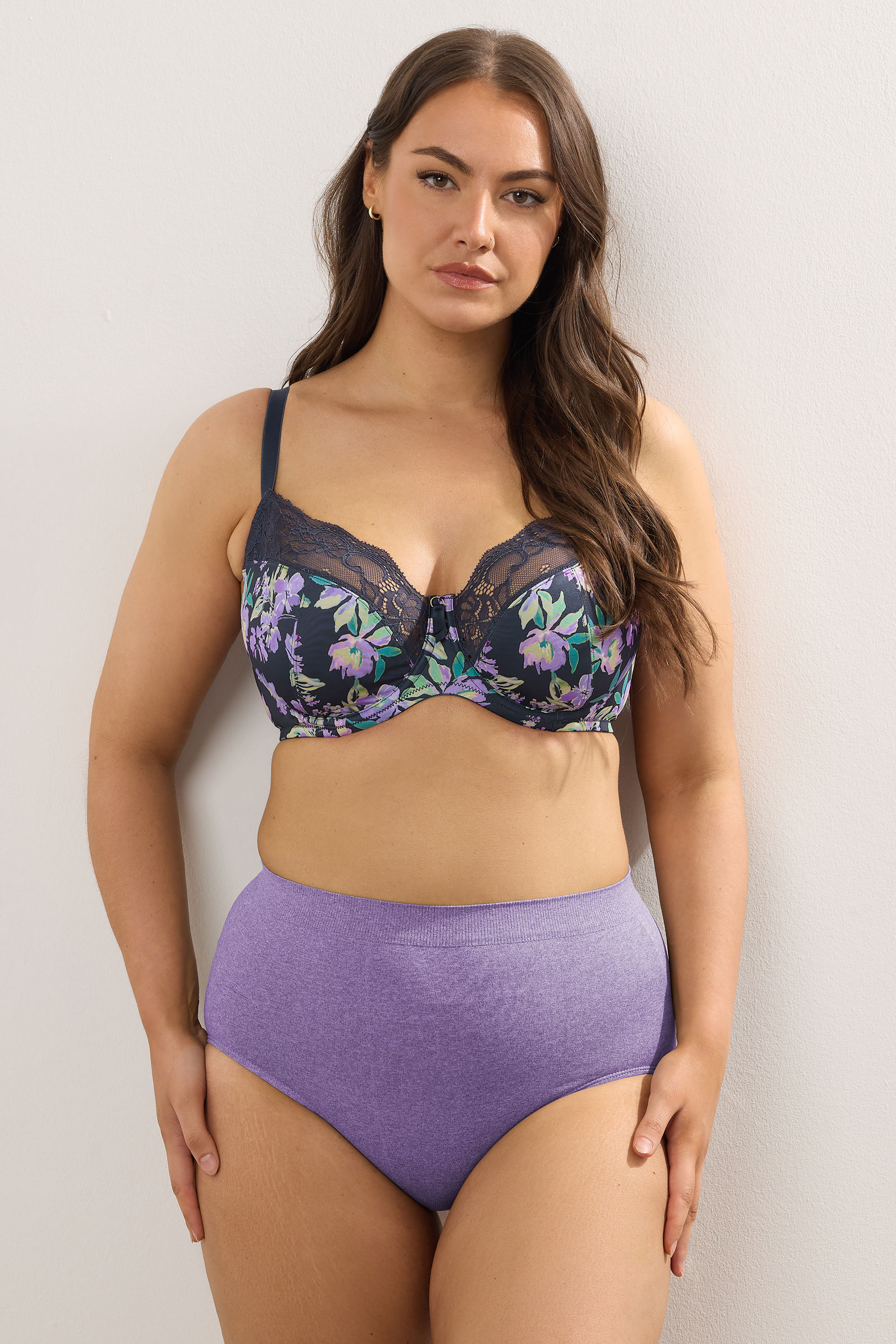 YOURSET 2 PACK Plus Size Black & Purple Floral Underwired Bras | Yours Clothing 5
