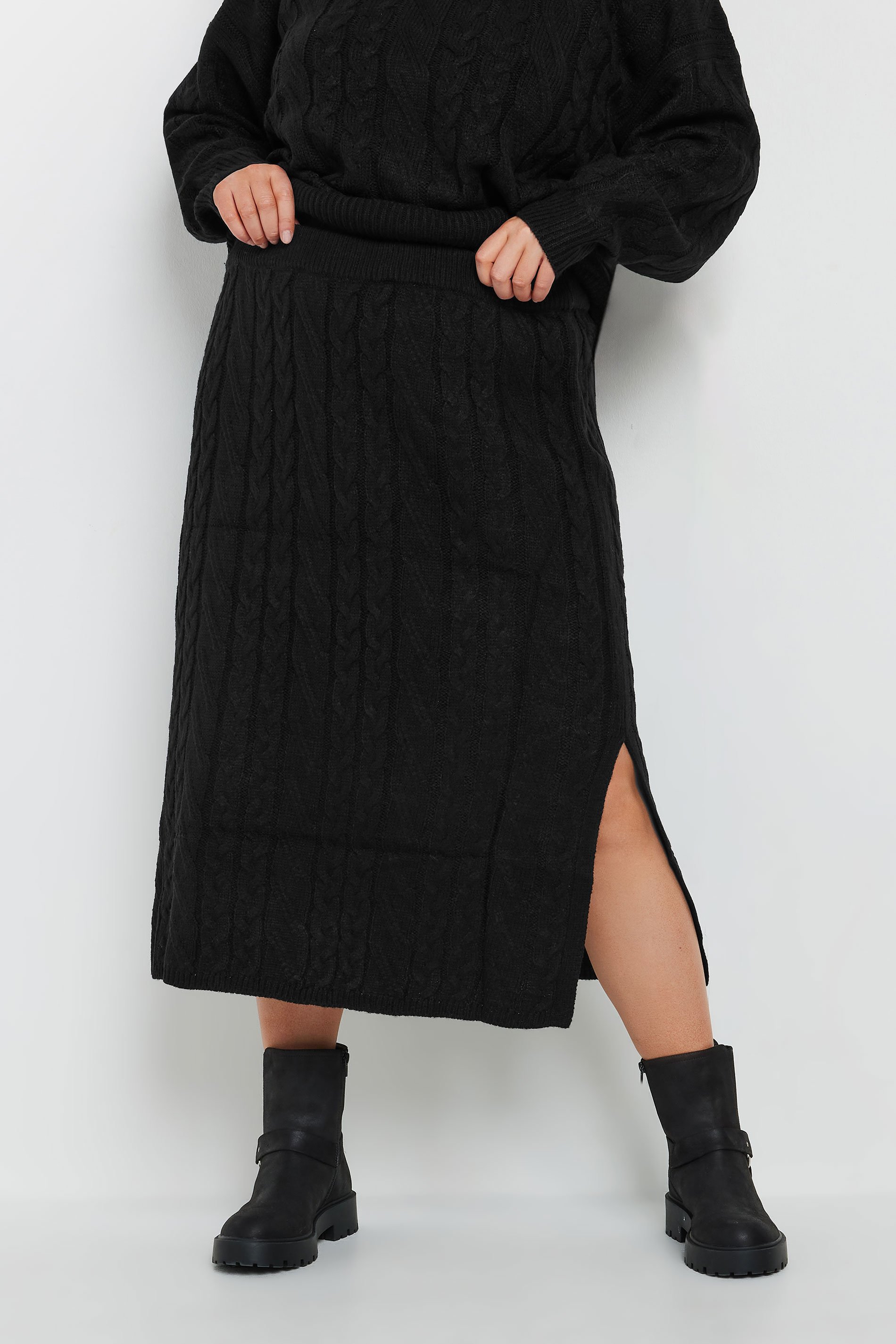 YOURS Plus Size Black Cable Knit Midi Skirt | Yours Clothing 1