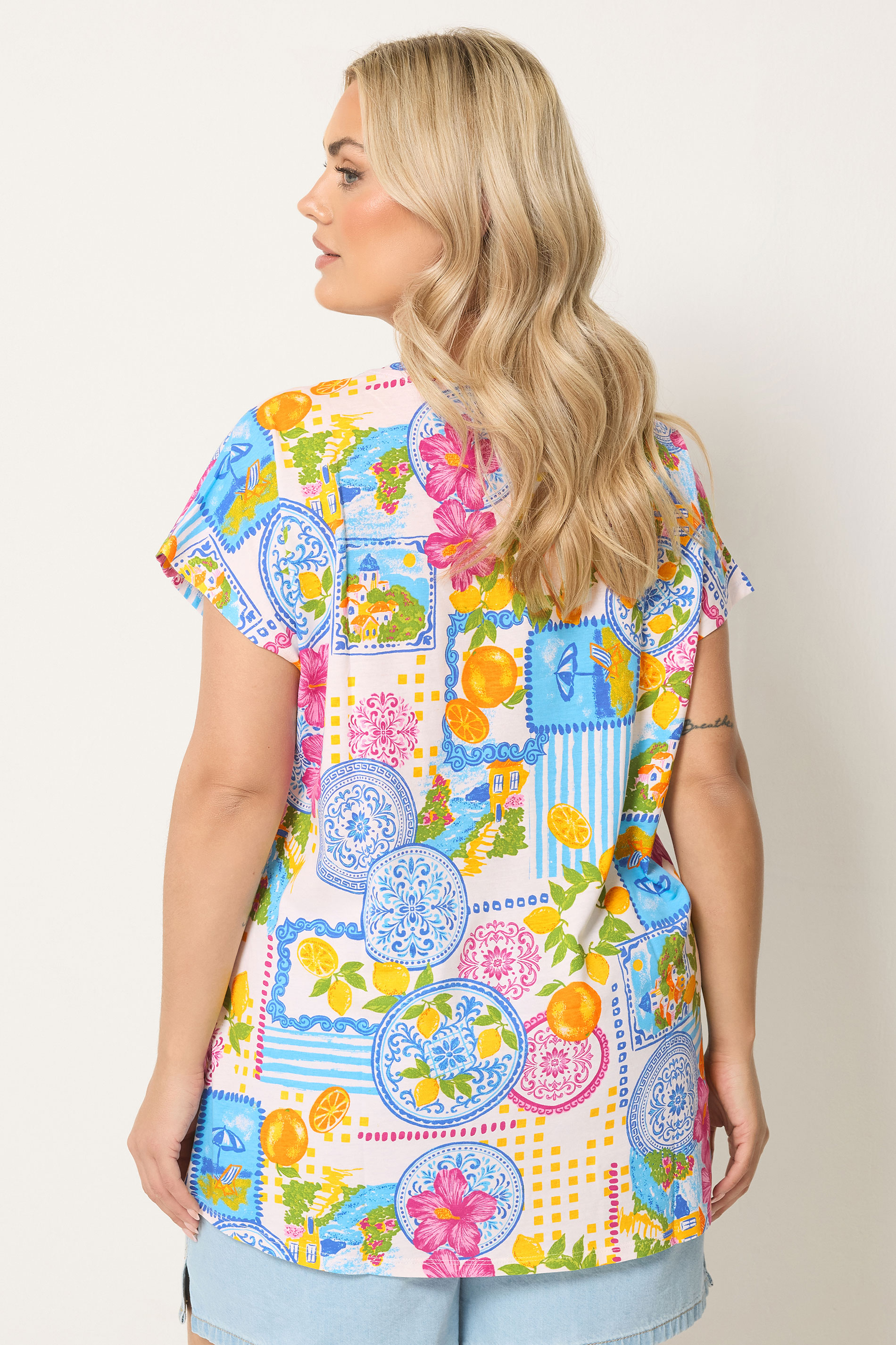 YOURS Plus Size White Tile Print Trim Detail T-Shirt | Yours Clothing 2