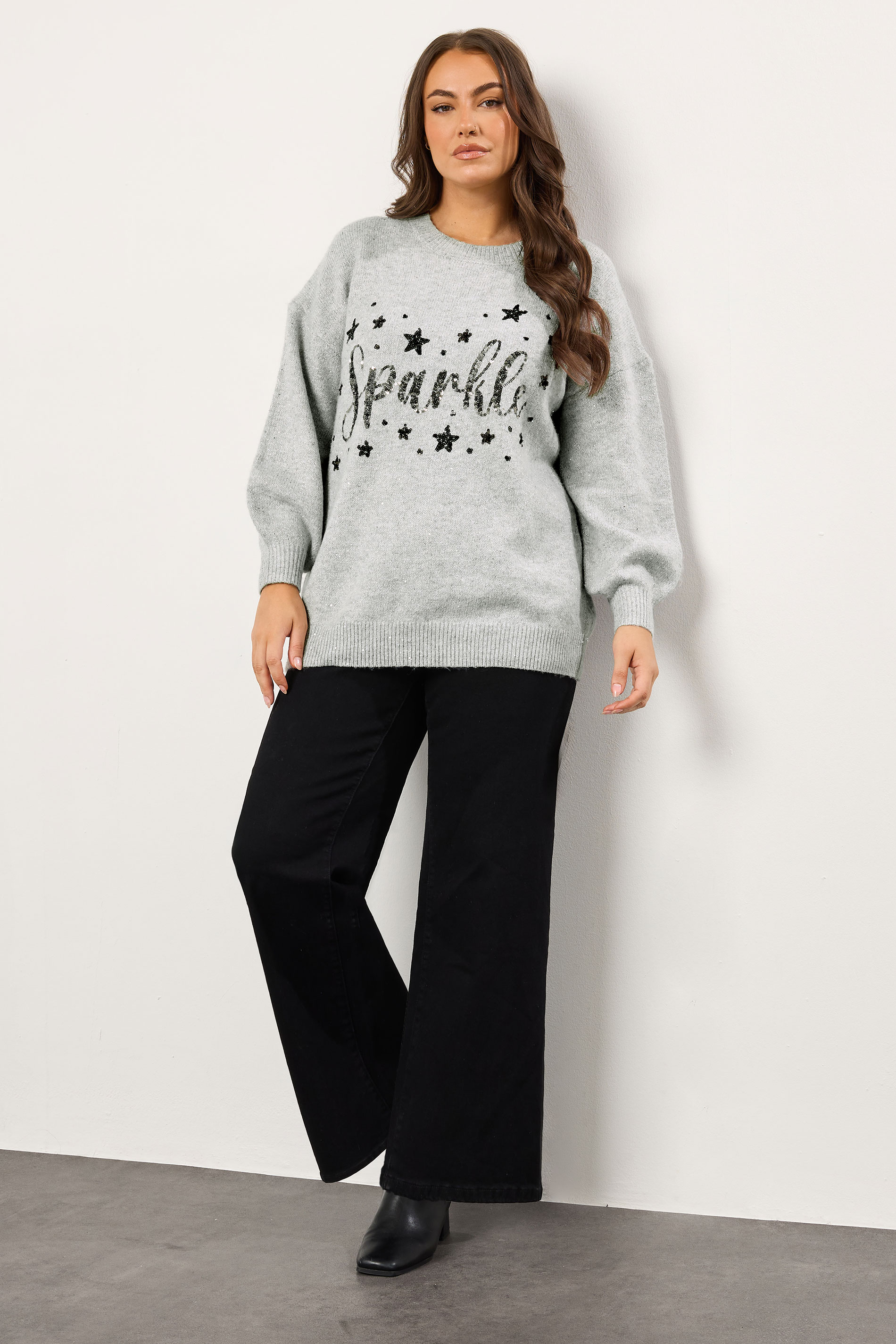 EVANS Plus Size Grey Sequin Embellished 'Sparkle' Christmas Jumper | Evans 1