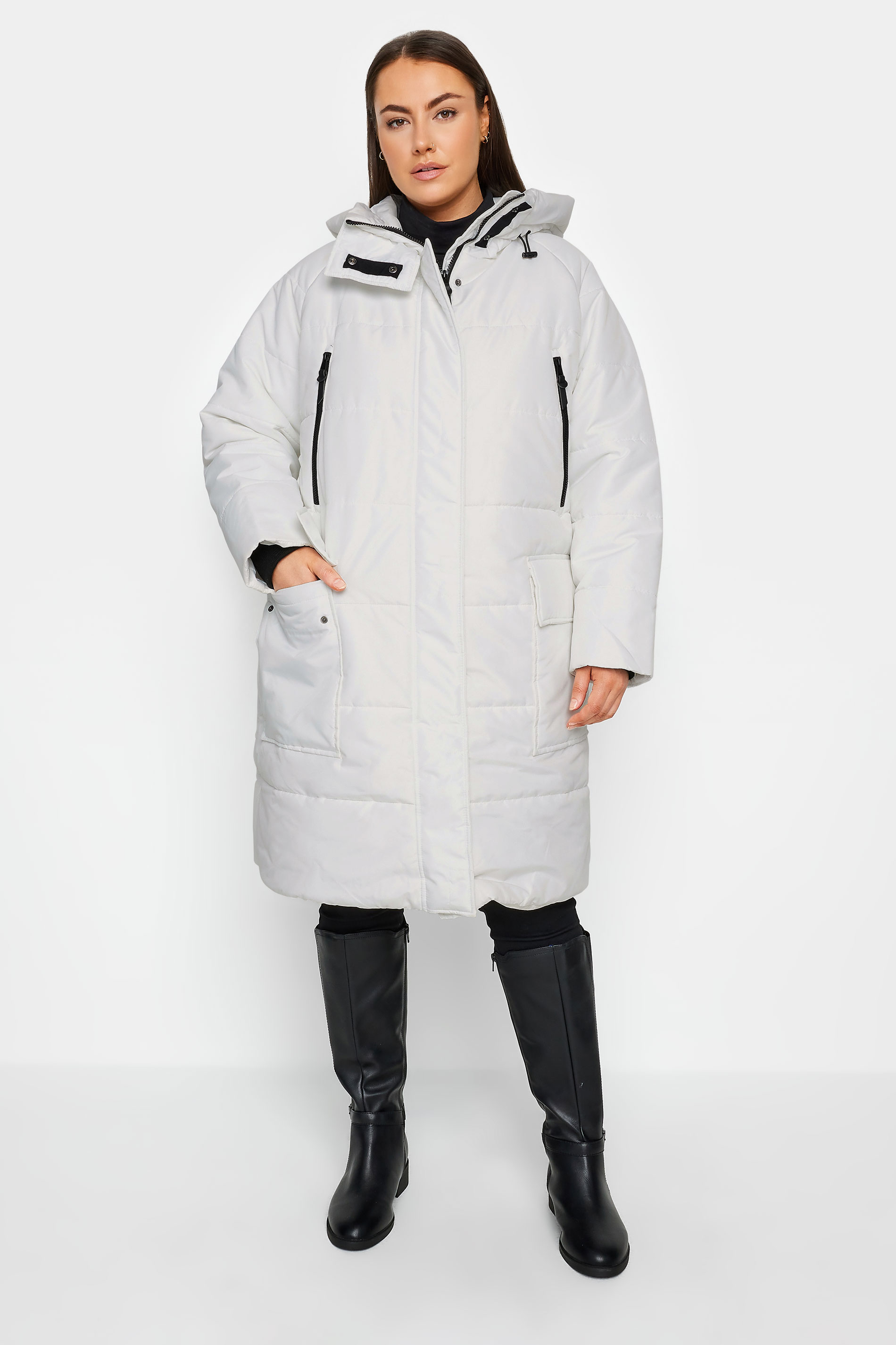 Avenue White Longline Hooded Puffer Coat | Evans 1