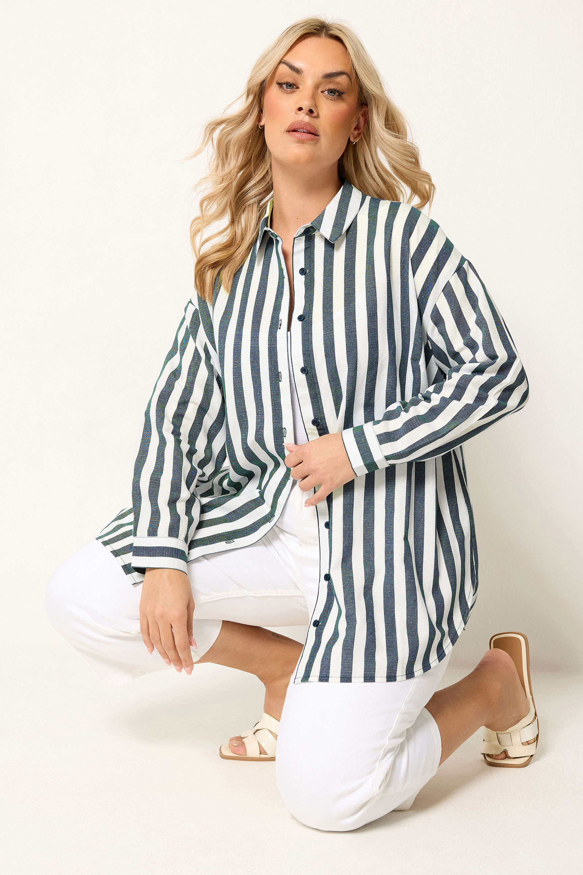 YOURS Plus Size Navy Blue Stripe Linen Shirt | Yours Clothing 1