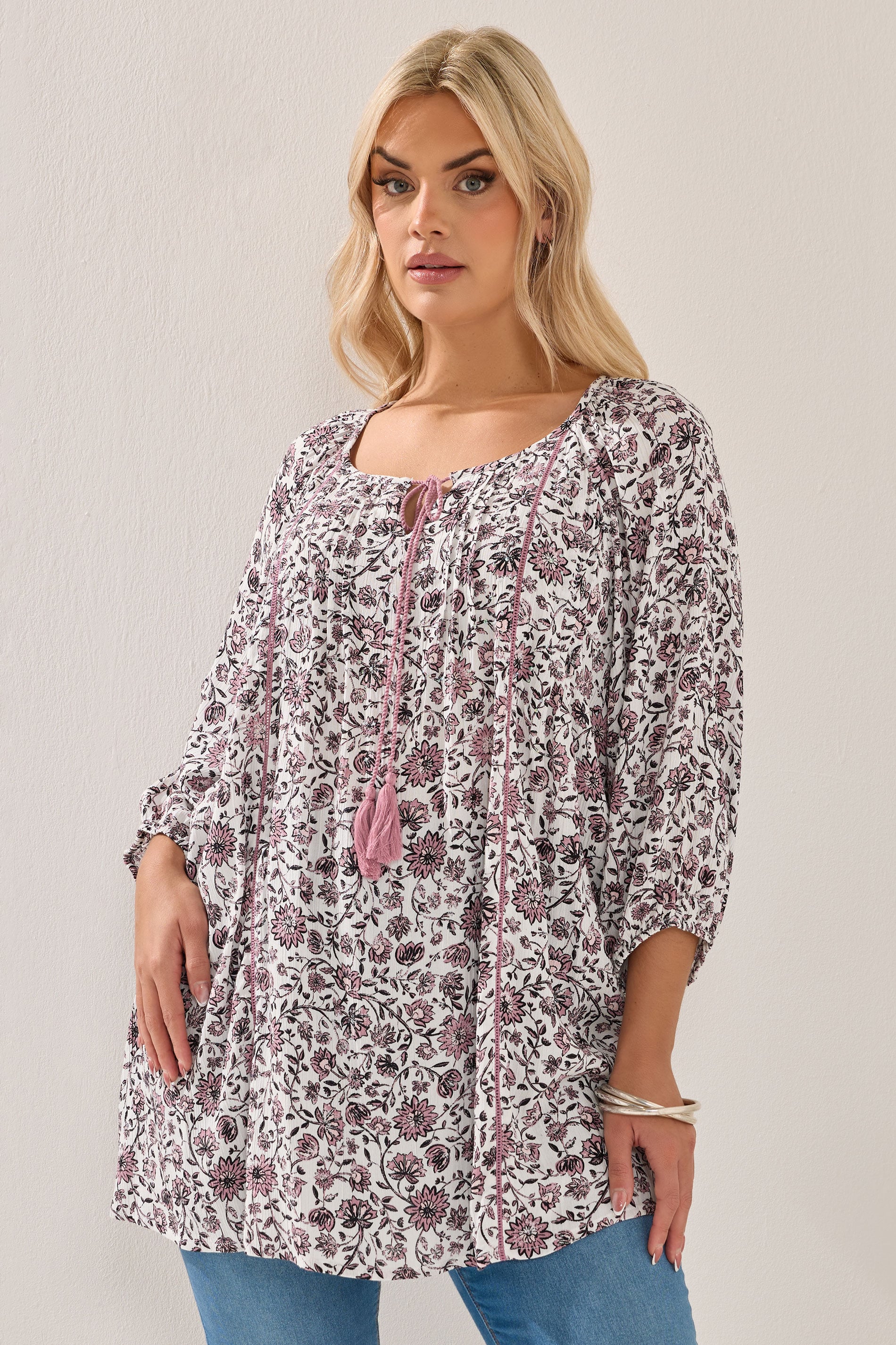 YOURS Plus Size Pink Paisley Print Sequin Tie Neck Top | Yours Clothing 1