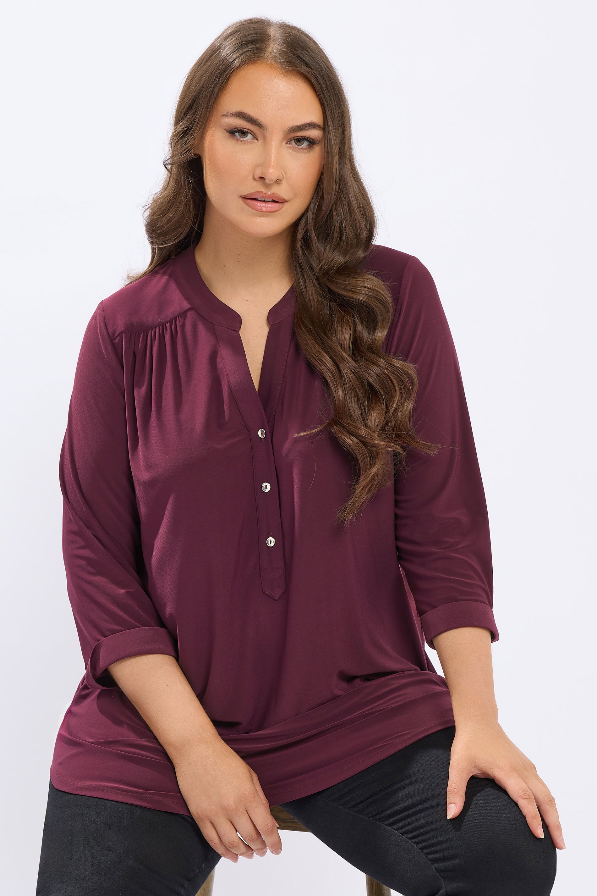 YOURS Plus Size Wine Red Half Placket Shirt | Yours Clothing 3