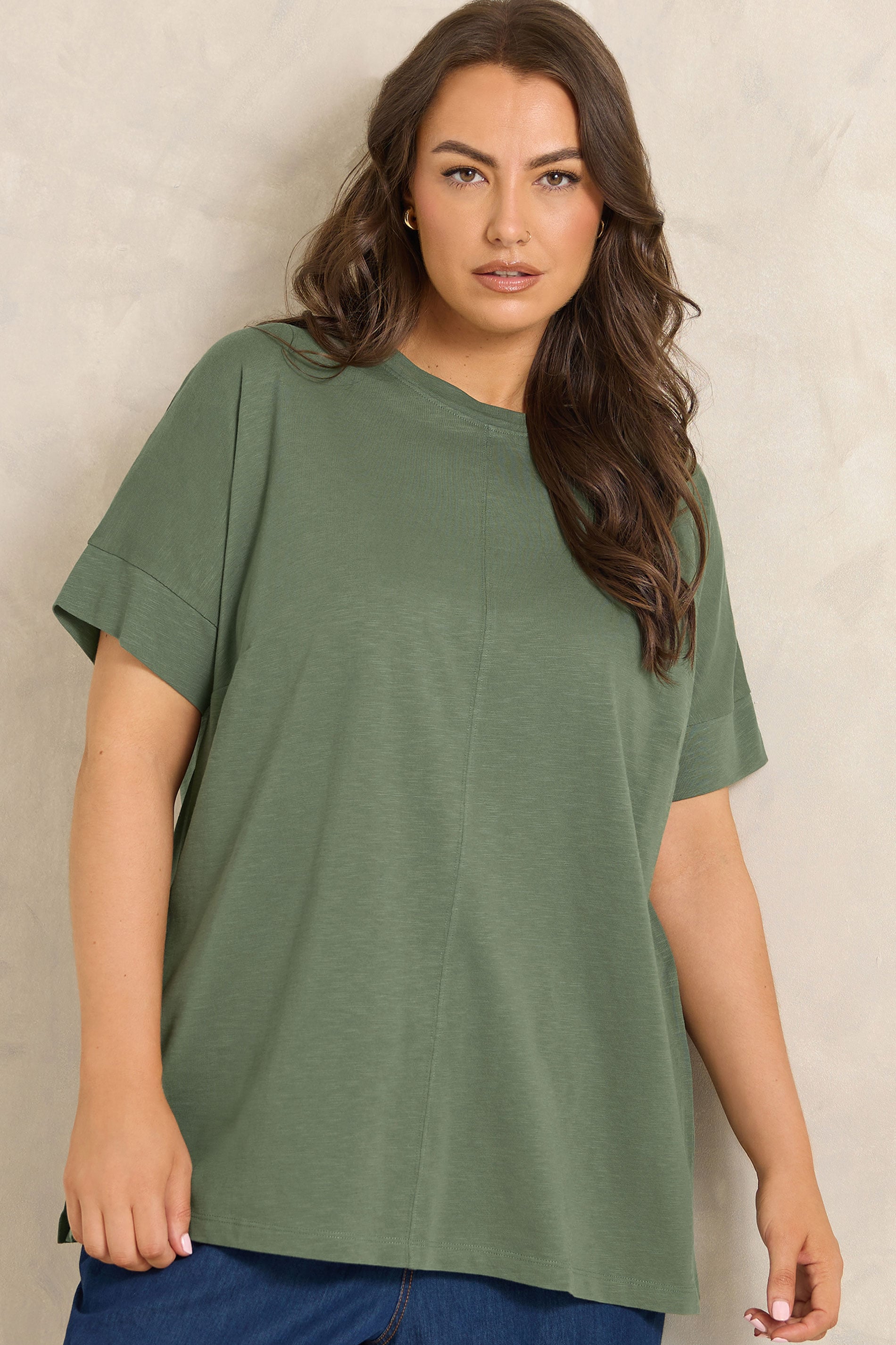 EVANS Plus Size Khaki Pure Cotton T-Shirt | Evans 3