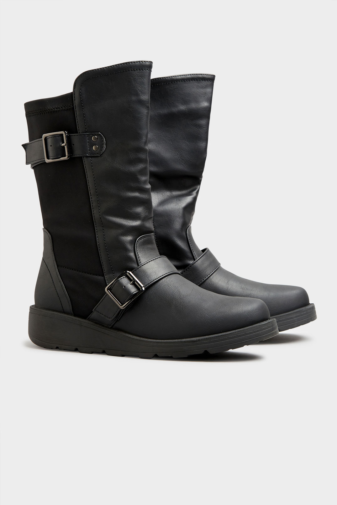 Black Faux Leather Wedge Buckle Boots In Wide E Fit & Extra Wide EEE Fit | Yours Clothing 3