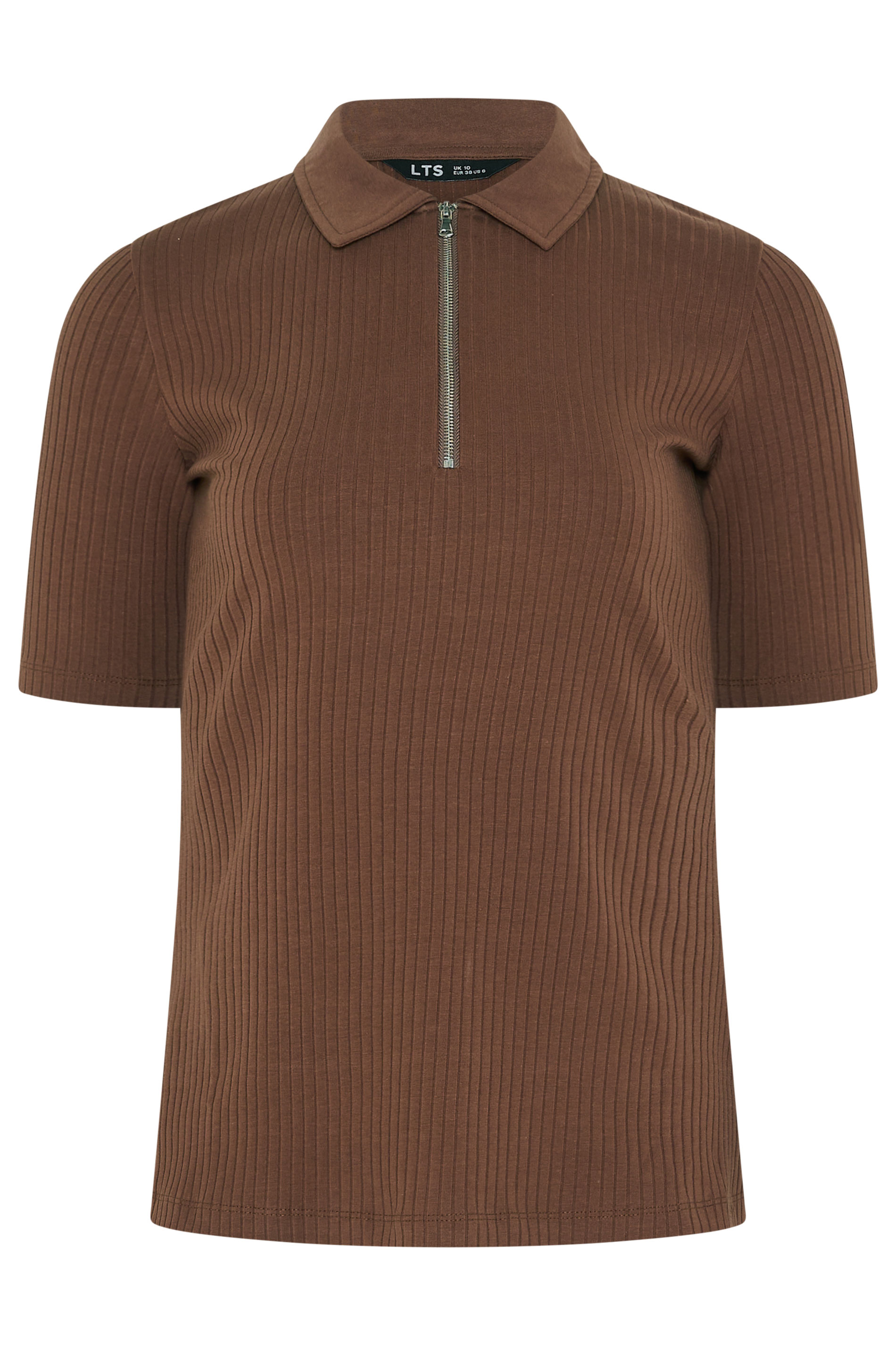 LTS Tall Women's Chocolate Brown Half Zip Ribbed Cotton Collared Top | Long Tall Sally 6