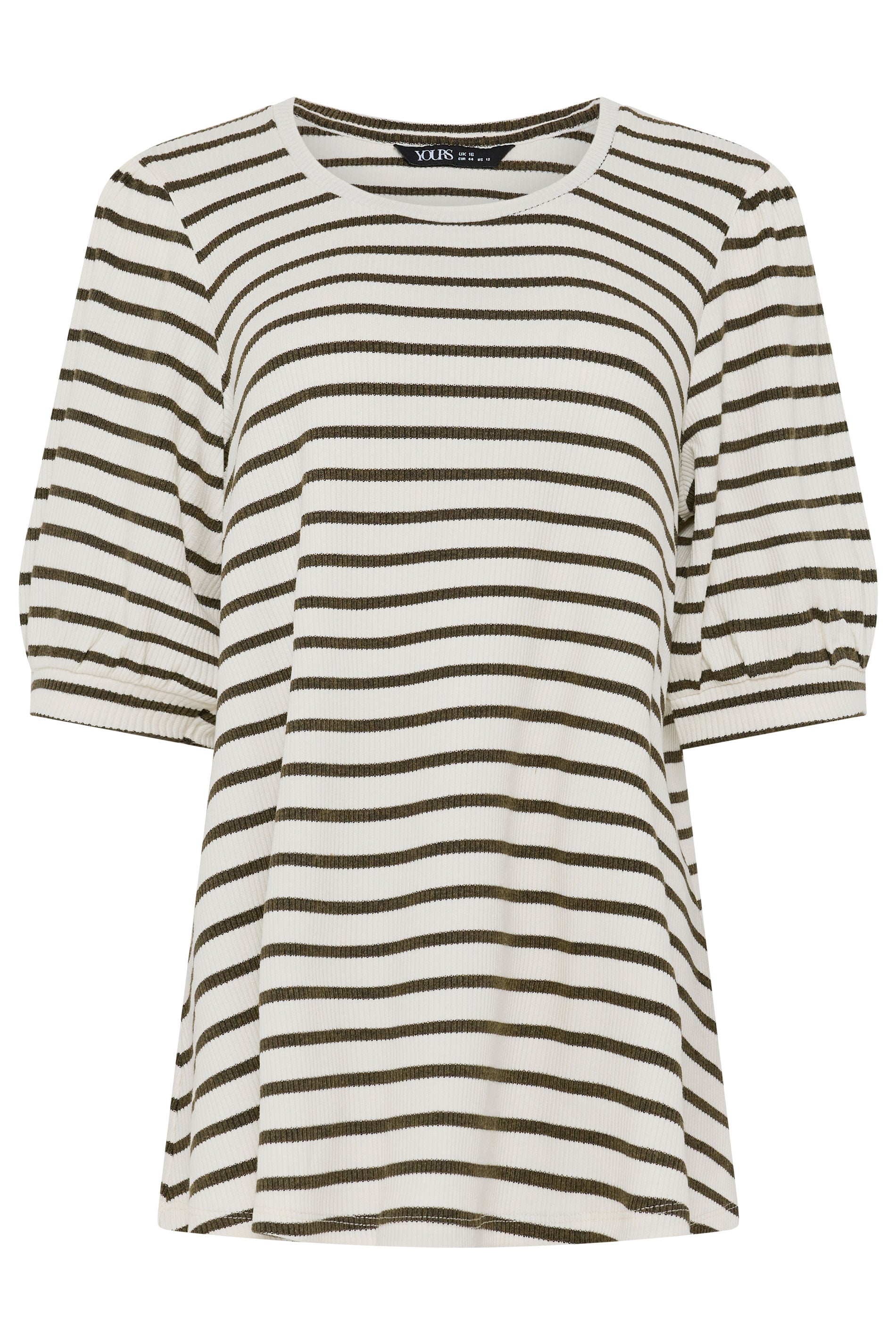 YOURS Plus Size White & Green Stripe Knitted Puff Sleeve Top | Yours Clothing 5