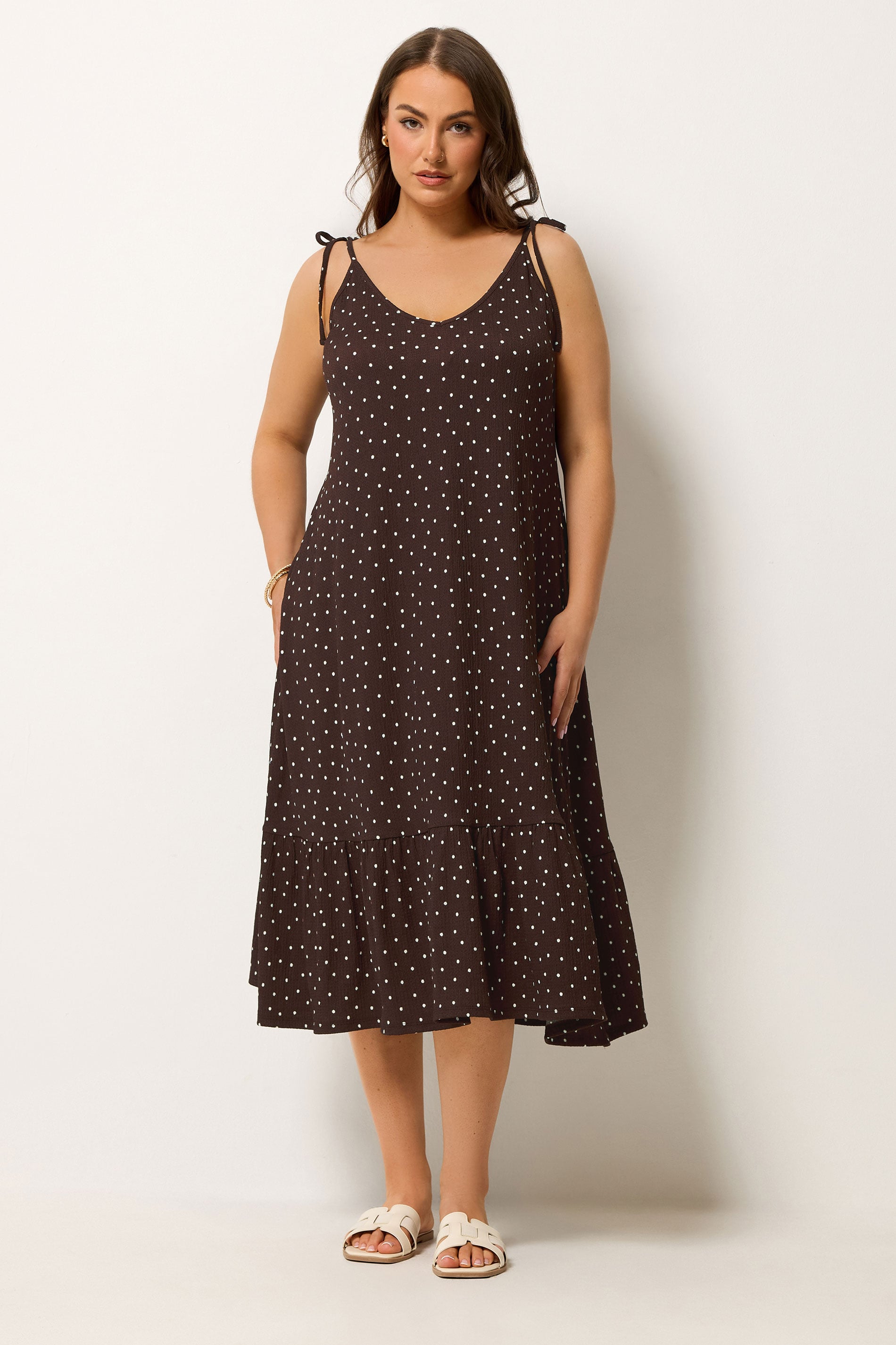 YOURS Plus Size Brown Polka Dot Tiered Midi Dress | Yours Clothing 3