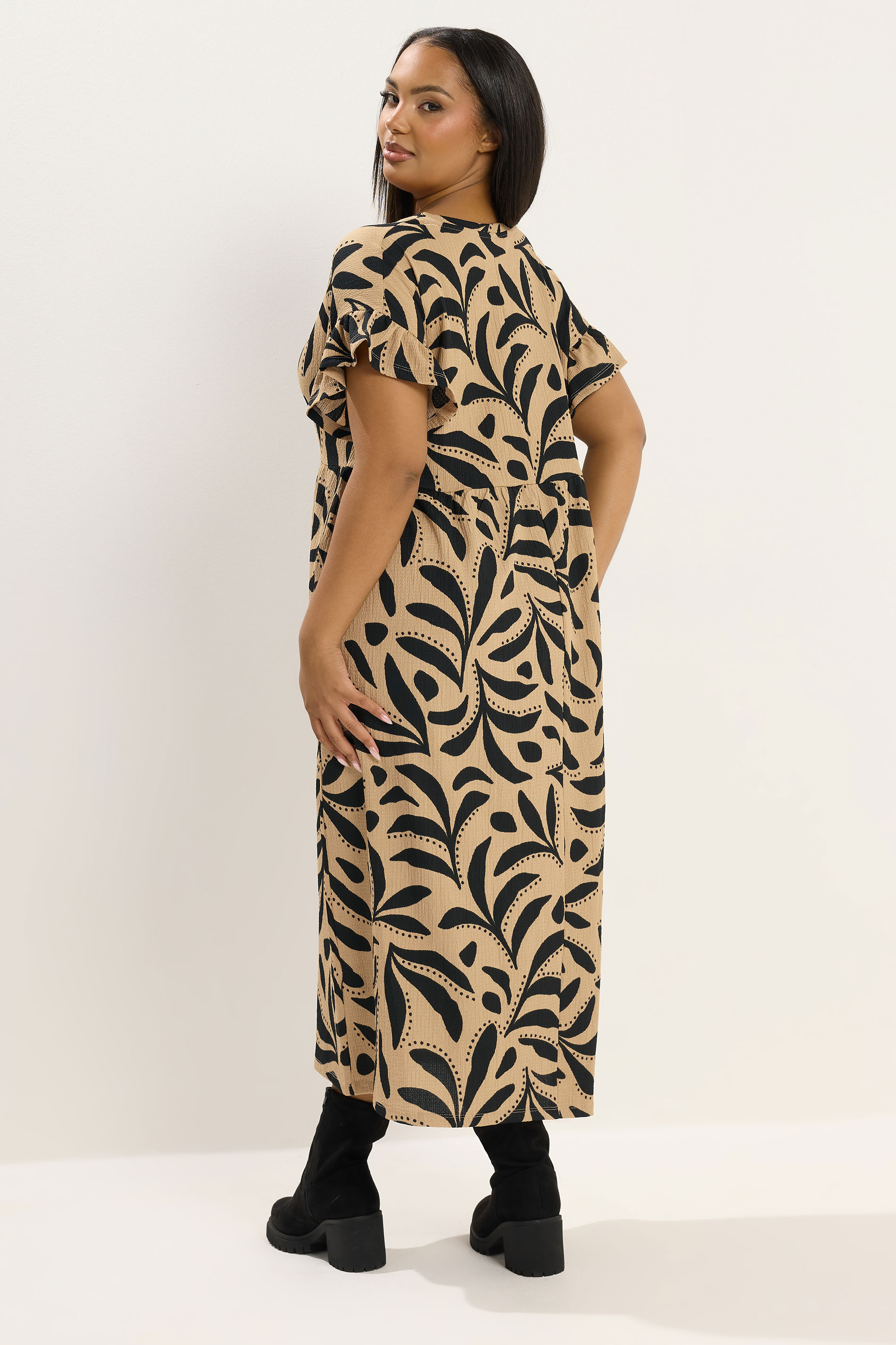 YOURS Plus Size Brown Abstract Frill Sleeve Dress | Yours Clothing 2