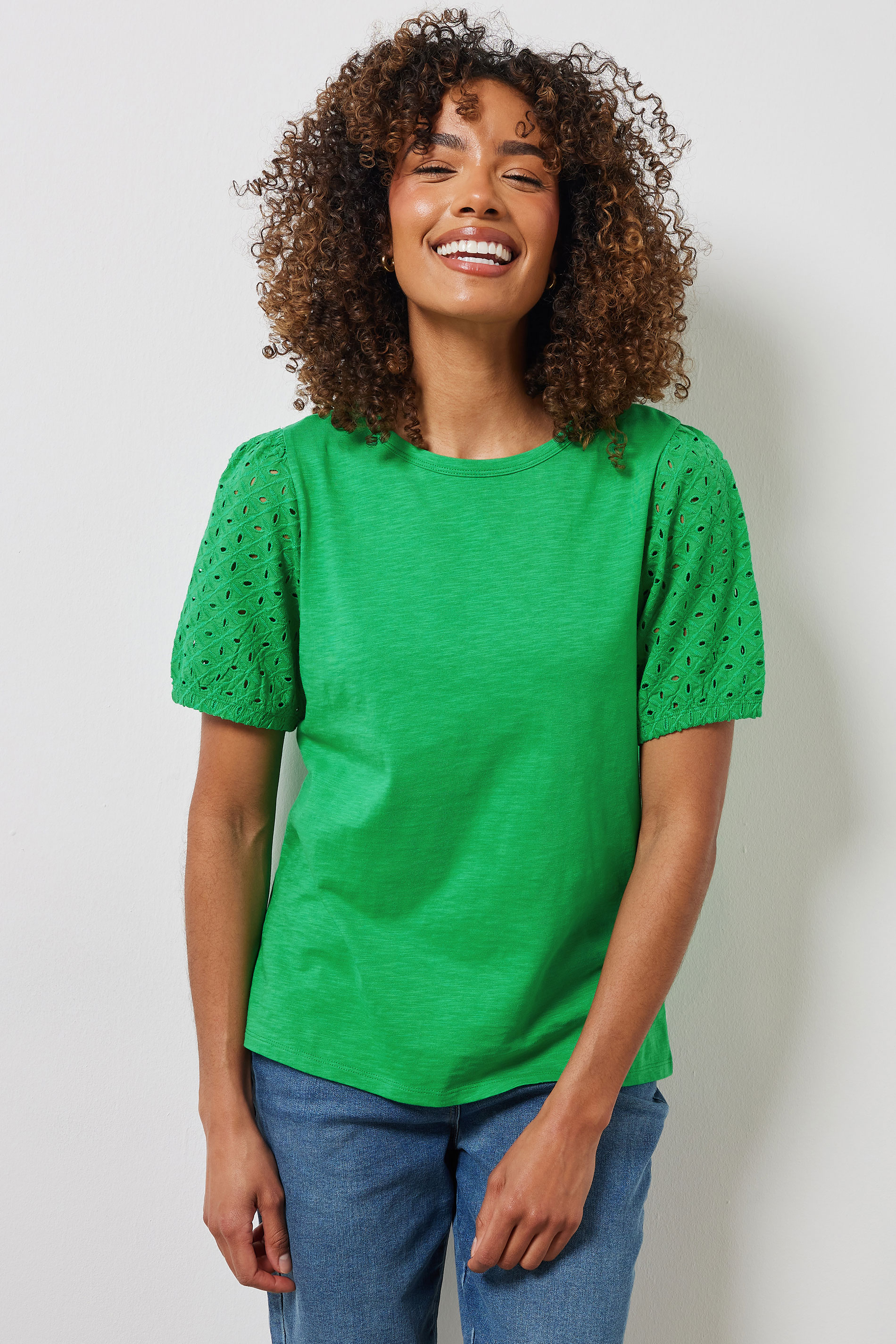 M&Co Green Cotton Broderie Puff Sleeve T-Shirt | M&Co 2