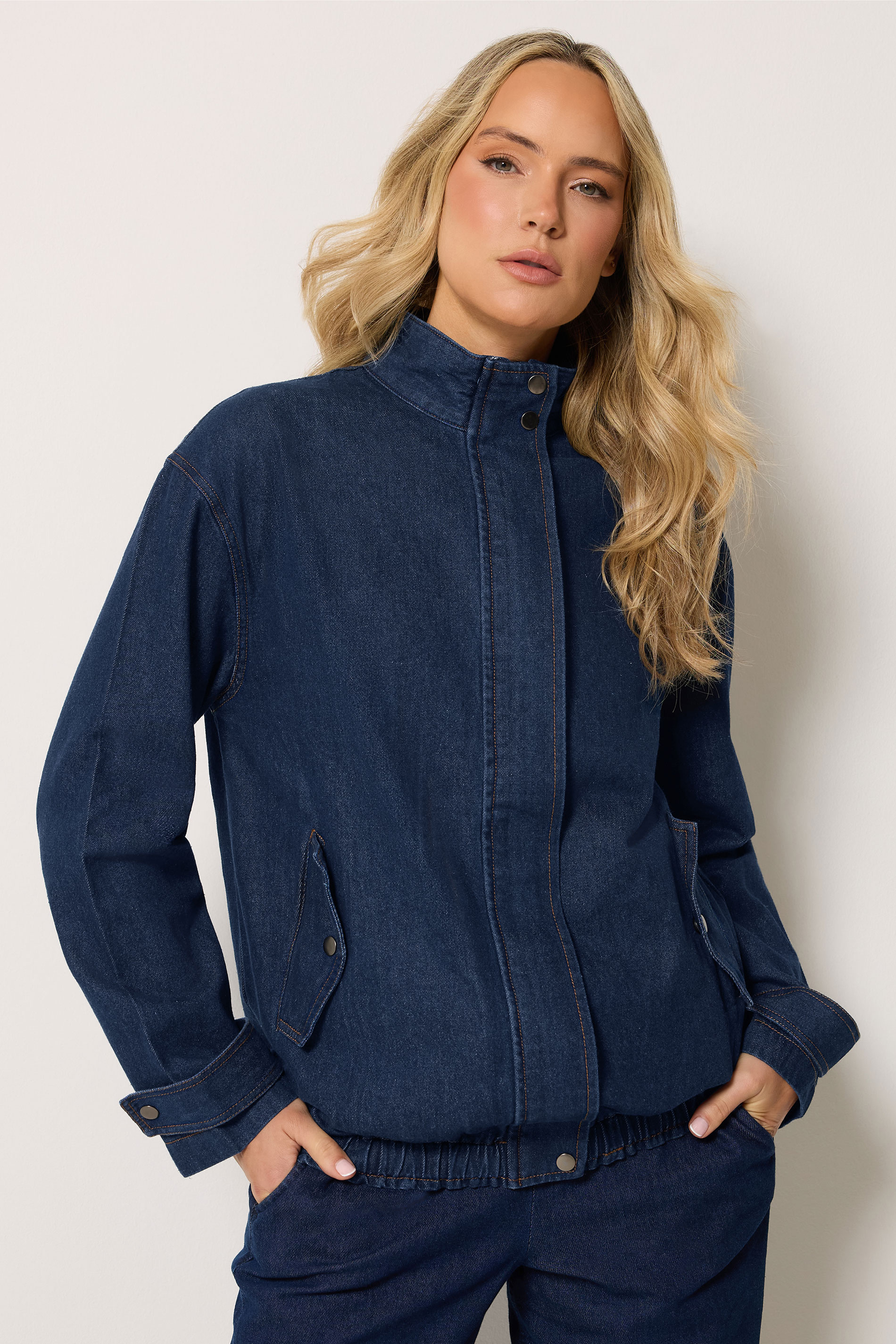 LTS Tall Women's Blue Denim Funnel Neck Bomber Jacket | Long Tally Sally 3