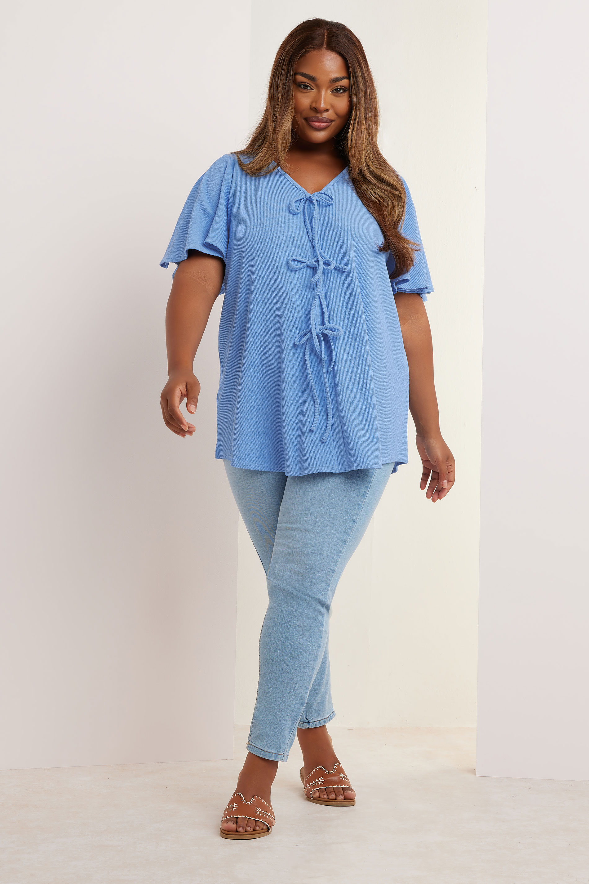 YOURS Plus Size Blue Bow Front Angel Sleeve Top | Yours Clothing 1