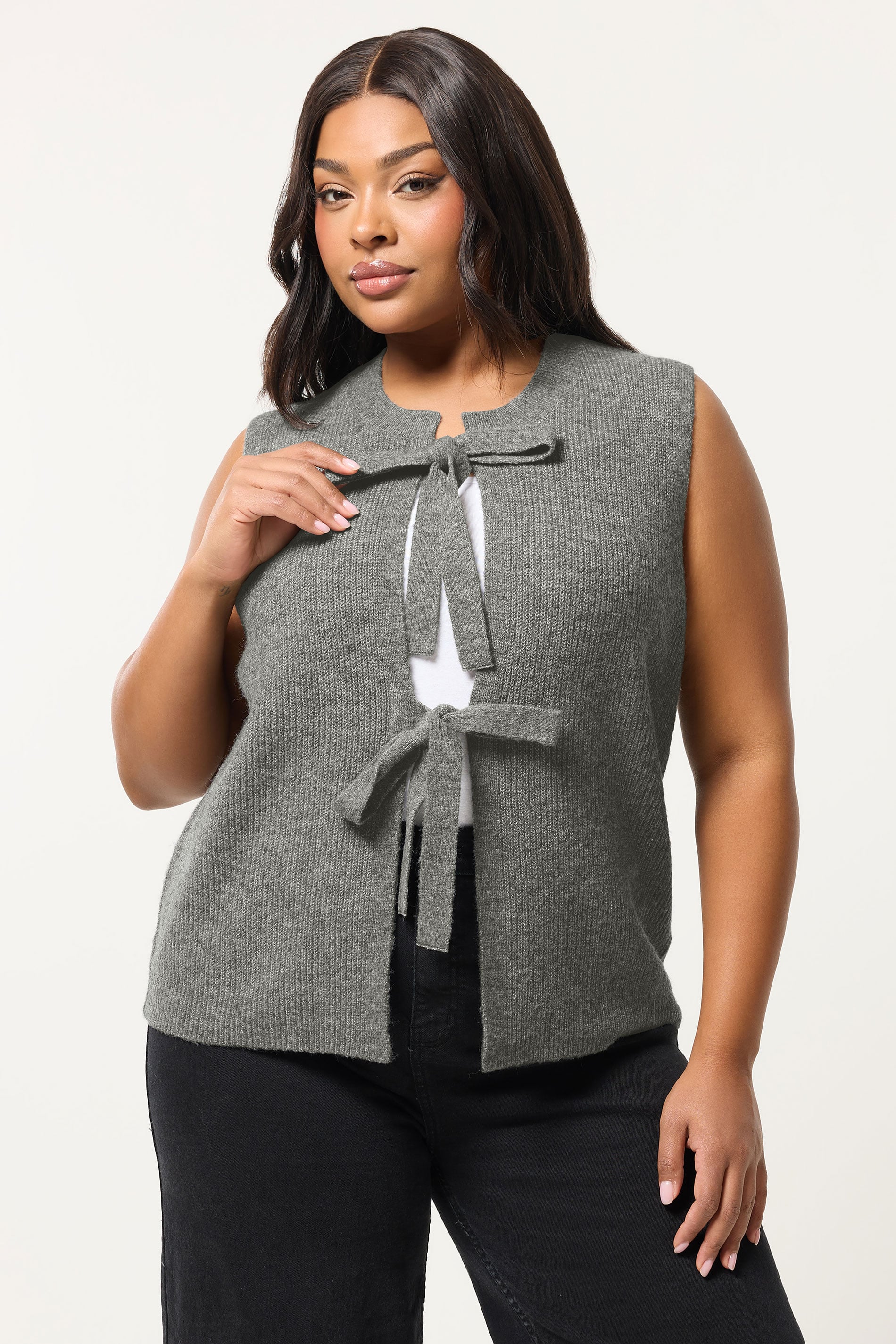 YOURS Plus Size Dark Grey Double Tie Knitted Vest Top | Yours Clothing 3