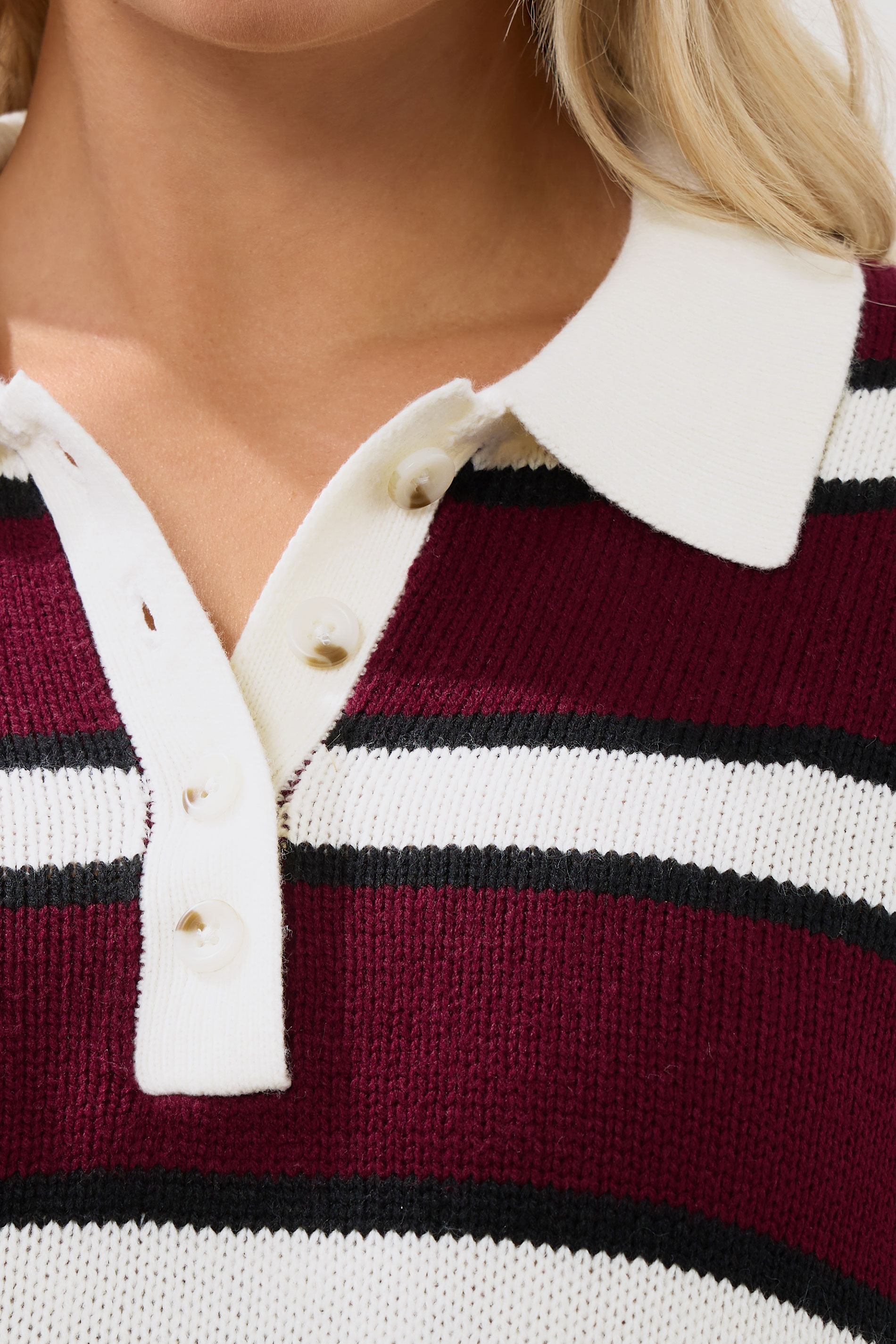 YOURS Plus Size Burgundy Red Striped Rugby Collar Jumper | Yours Clothing 4