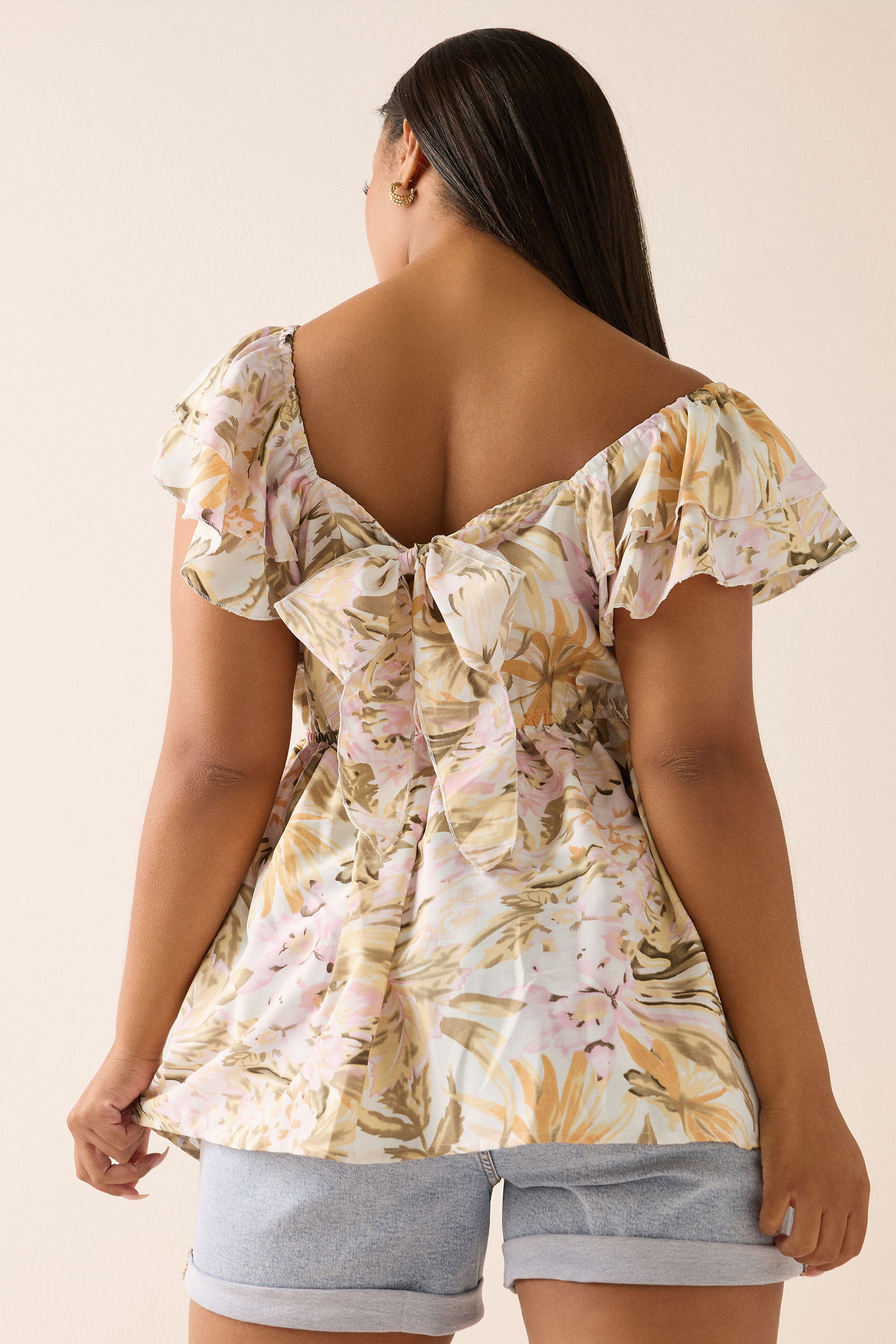 YOURS Plus Size Natural Brown Floral Bow Back Top | Yours Clothing 2
