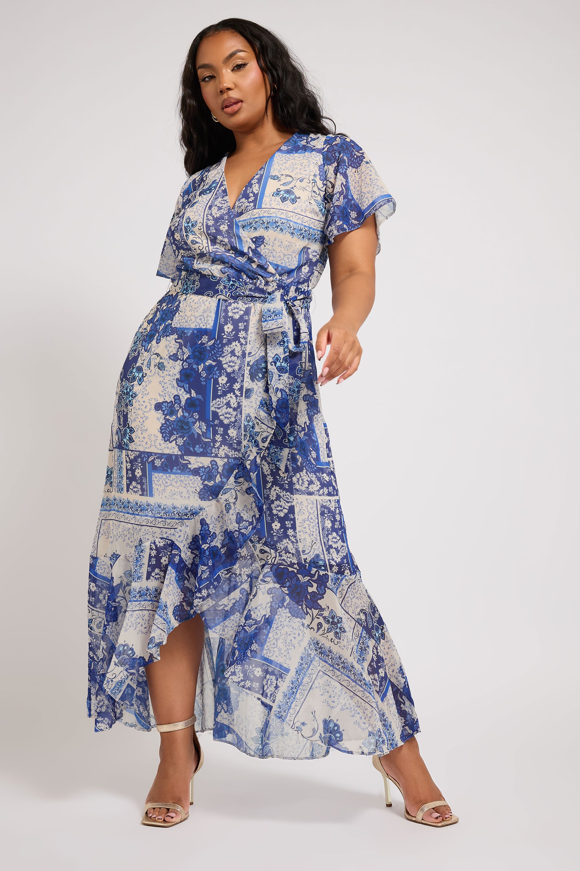 YOURS LONDON Plus Size Blue Scarf Print Ruffle Wrap Dress | Yours Clothing 3