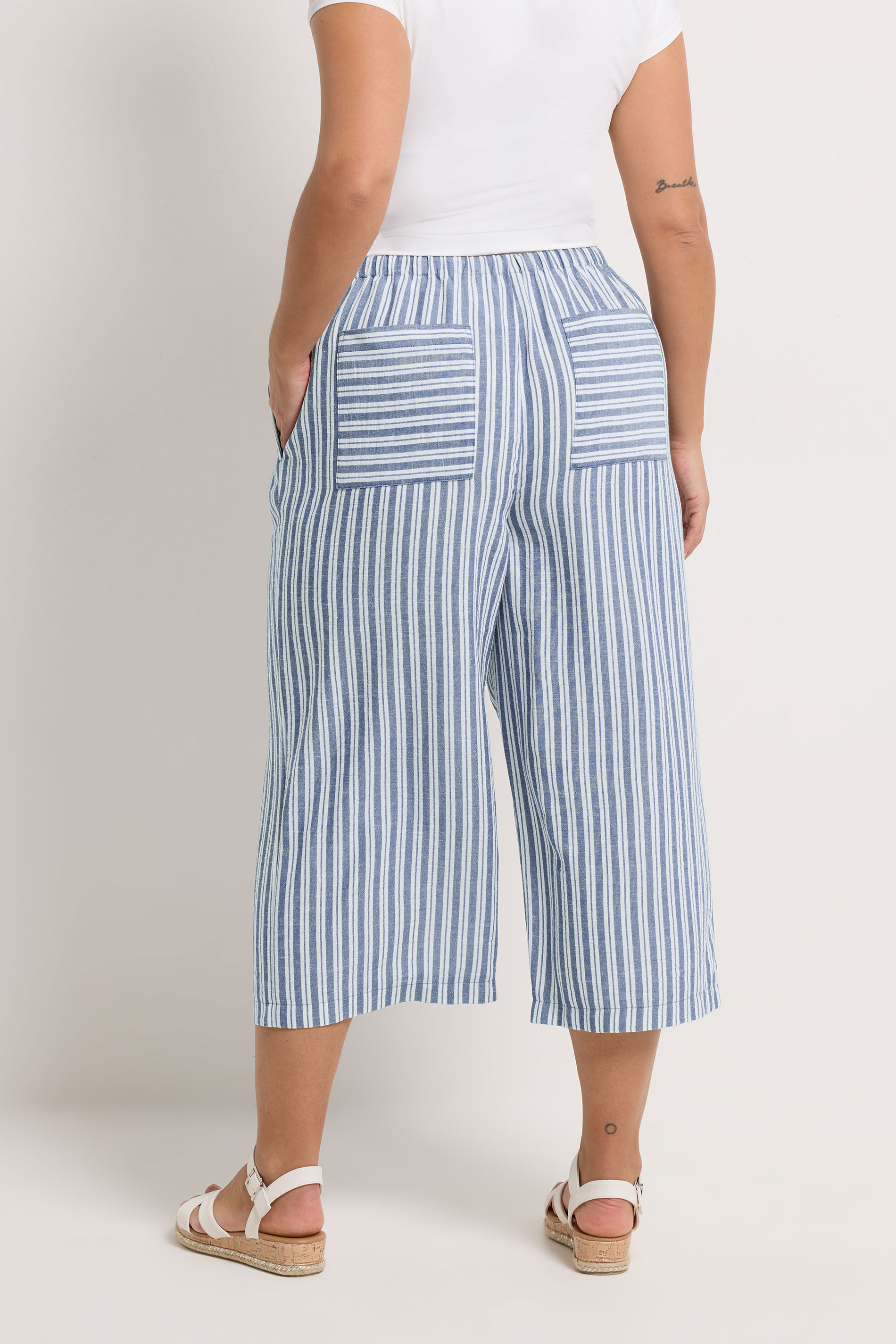 YOURS Plus Size Blue Stripe Linen Look Cropped Trousers | Yours Clothing 2