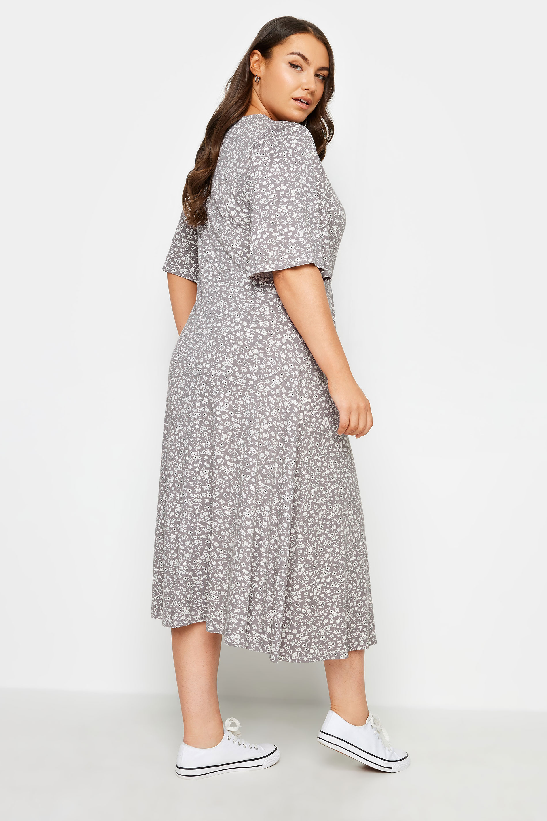 YOURS Plus Size Light Grey Ditsy Floral Print Midi Wrap Dress | Yours Clothing 3