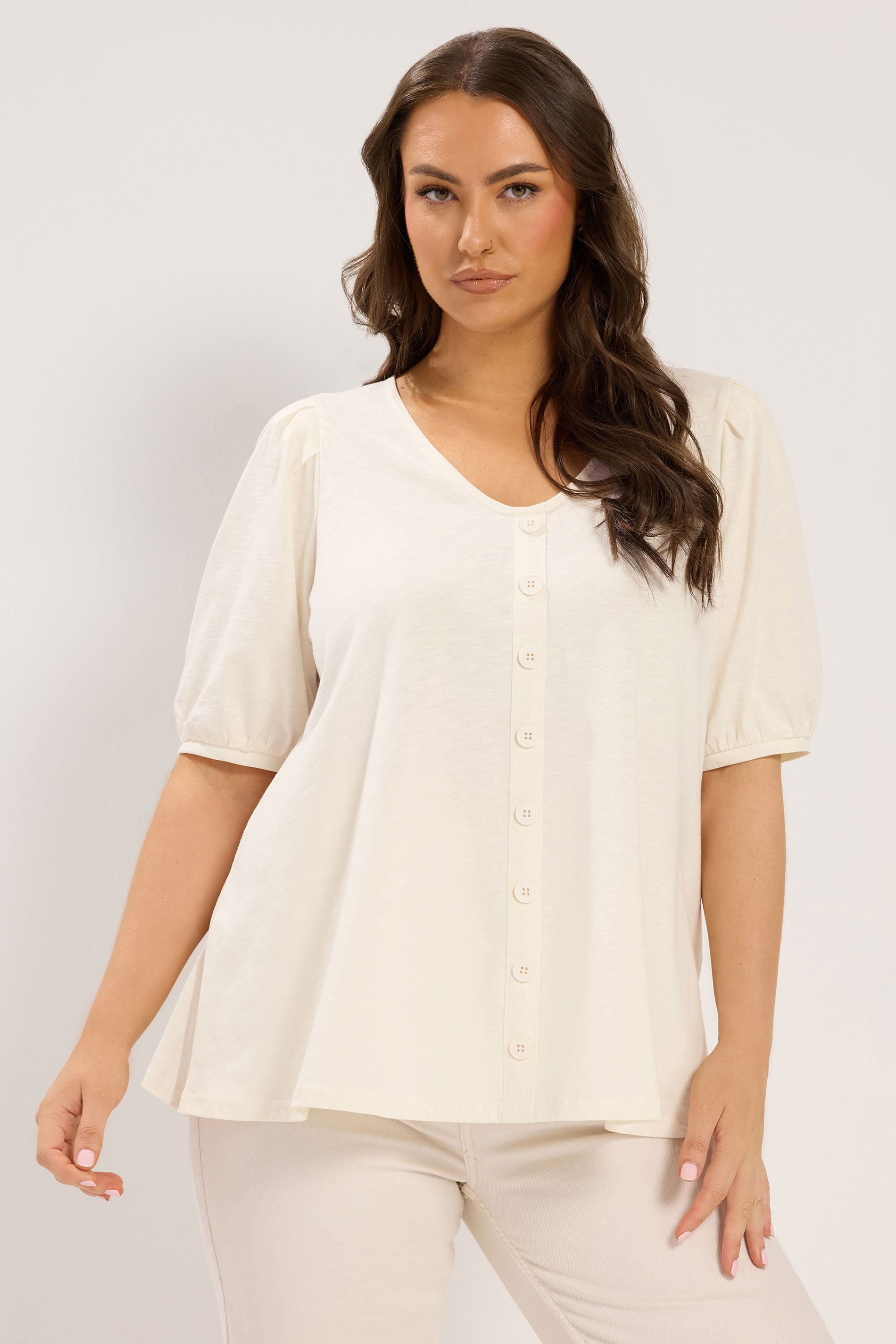 YOURS Plus Size Ivory White Button Front Puff Sleeve Top | Yours Clothing  3