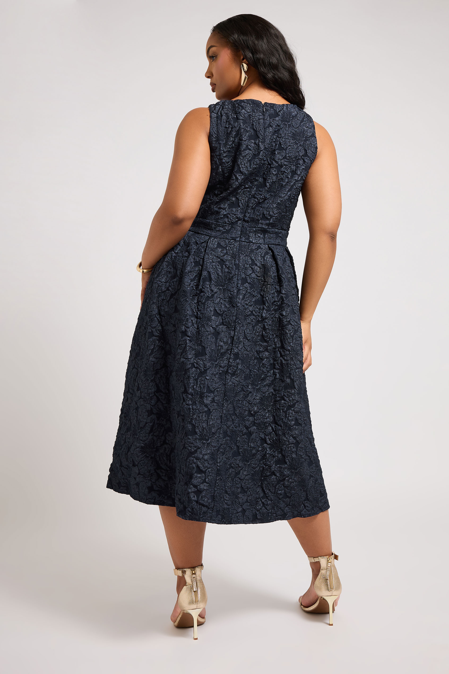 YOURS LONDON Plus Size Navy Blue Floral Jacquard Skater Dress | Yours Clothing 2