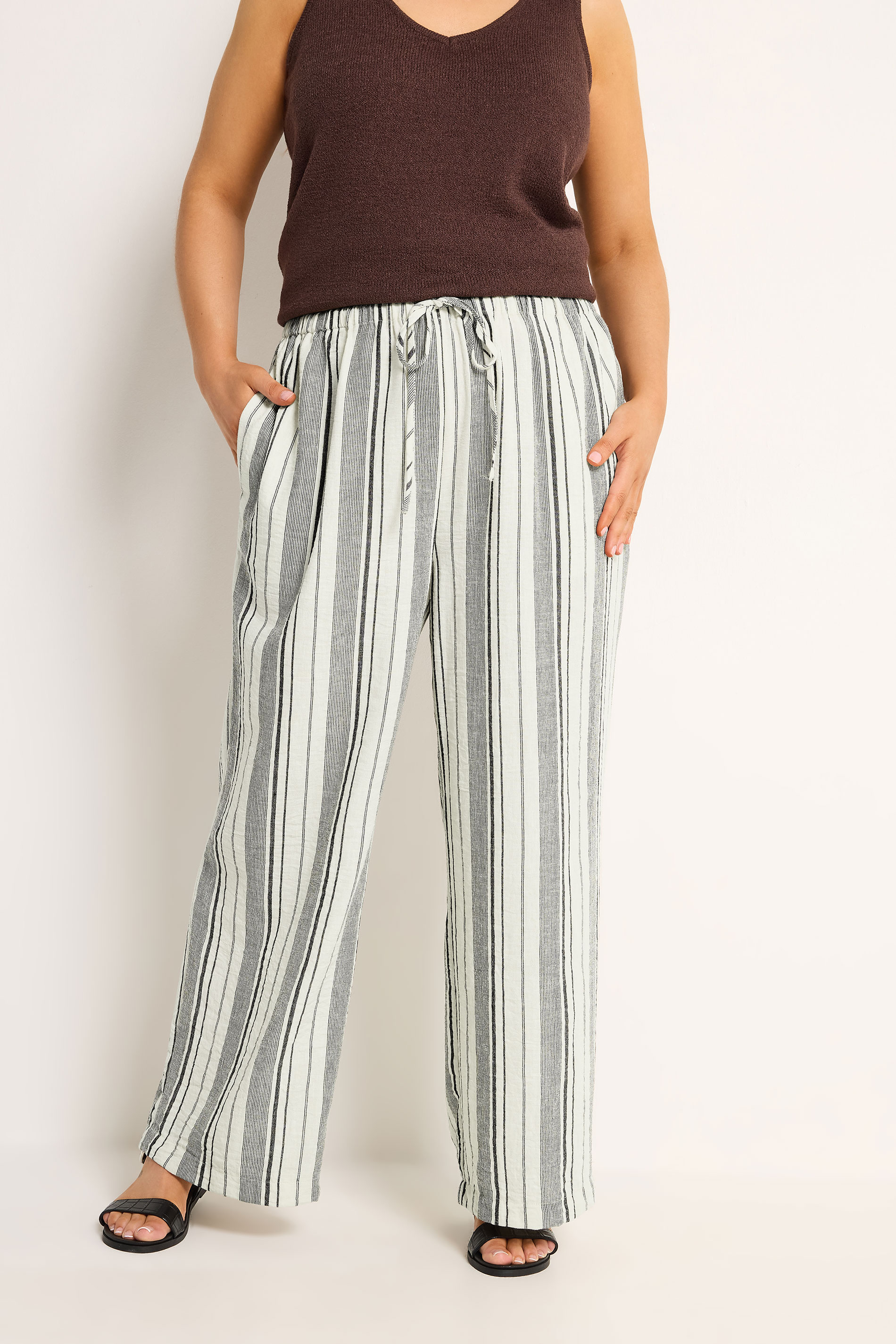 YOURS Plus Size Natural Brown Stripe Linen Look Trousers | Yours Clothing 1