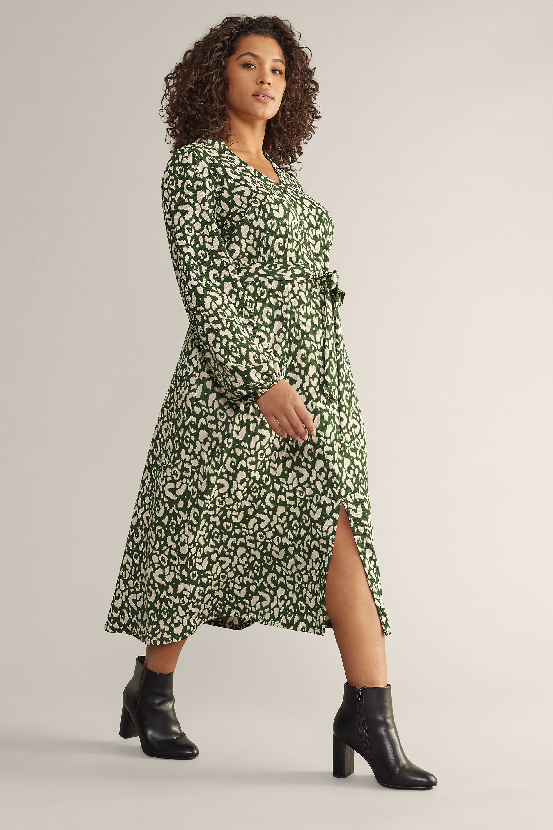 EVANS Curve Khaki Green Leopard Print Tie Waist Midi Dress | Evans  1