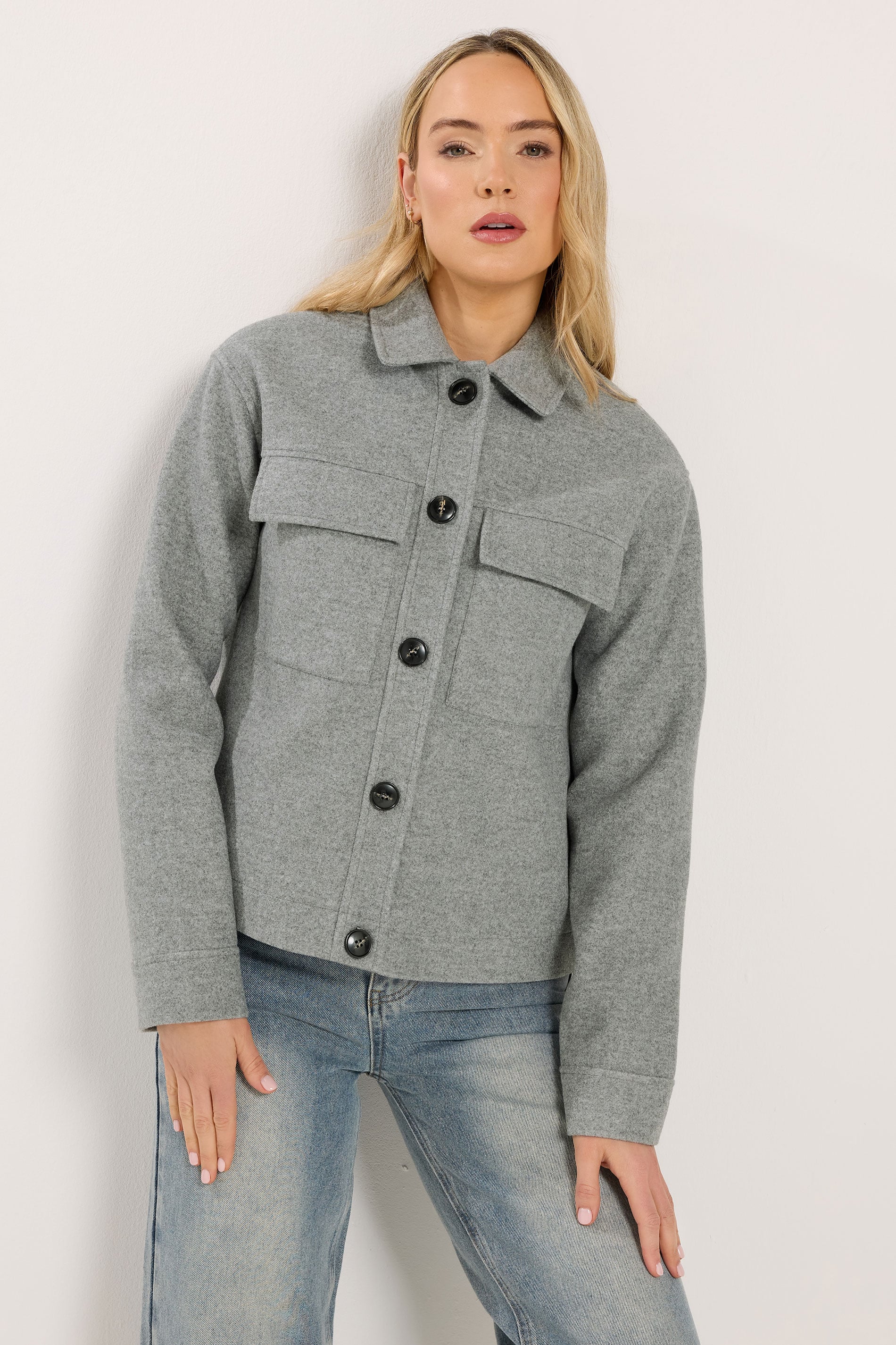 LTS Tall Grey Brushed Button Trucker Jacket | Long Tall Sally 1