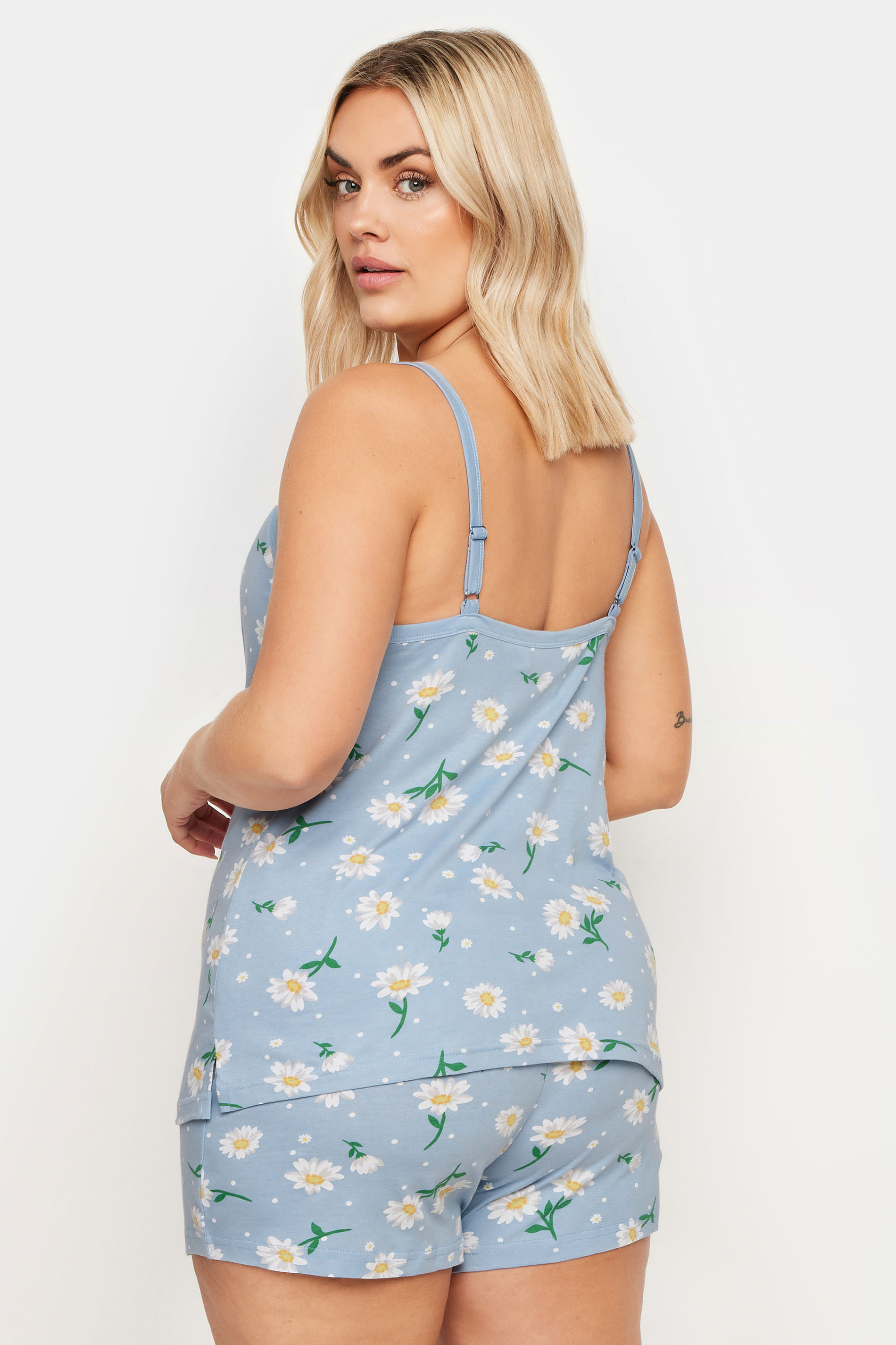 YOURS Plus Size Blue Daisy Print Cami Pyjama Set | Yours Clothing 3