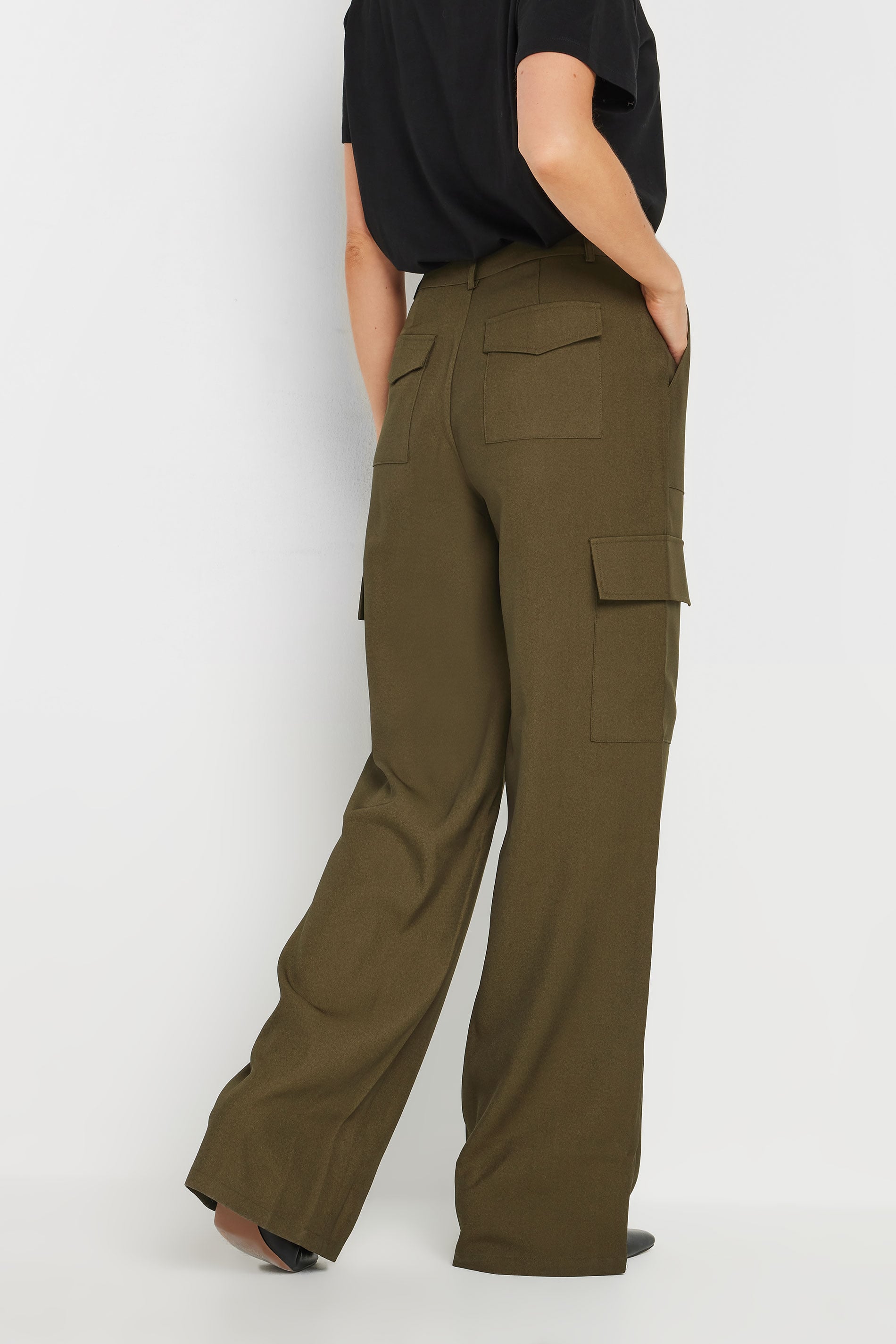 LTS Tall Khaki Green Tailored Cargo Pocket Wide Leg Trousers | Long Tall Sally 4