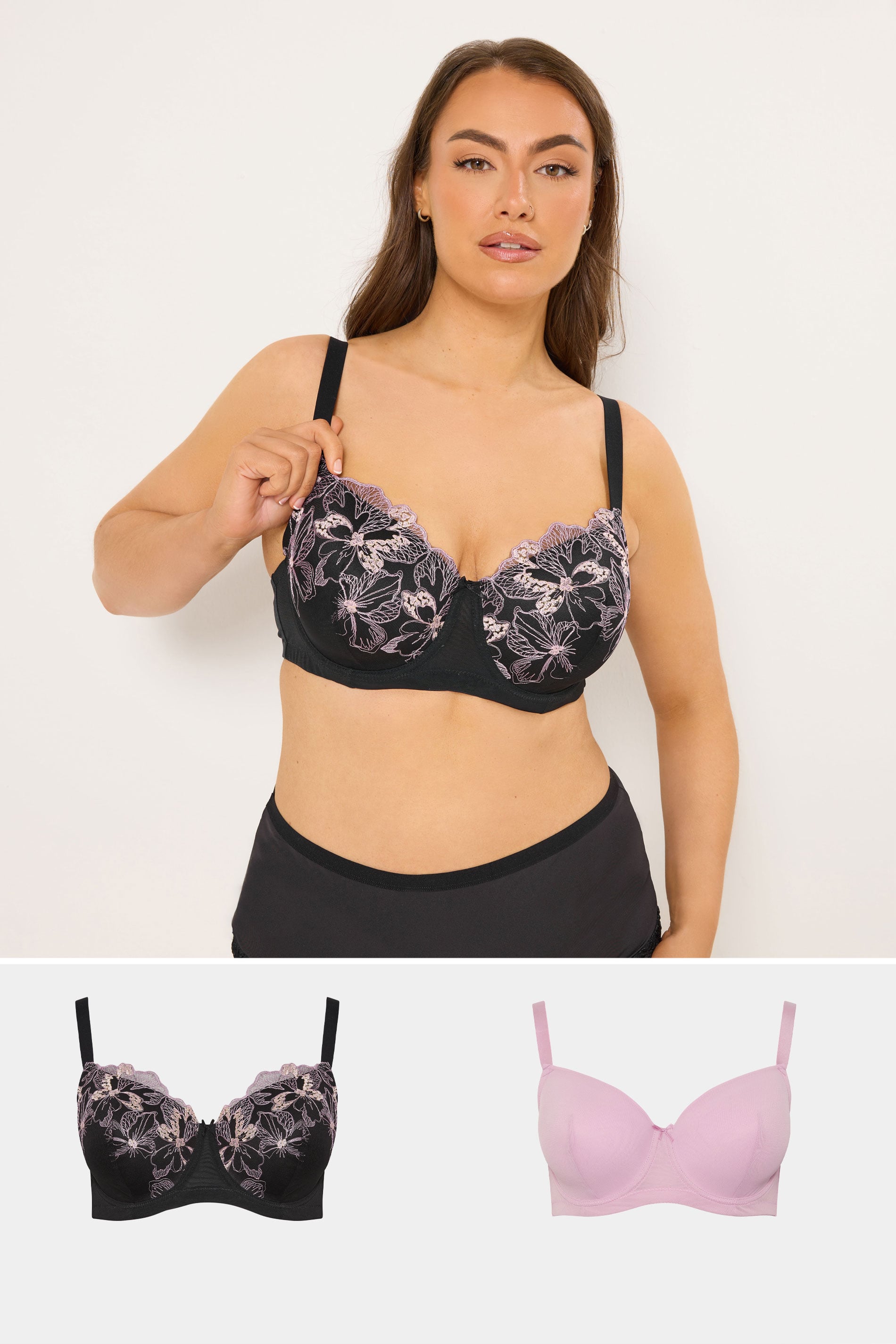 YOURS 2 PACK Plus Size Black & Pink Embroidered Padded Bras | Yours Clothing 1