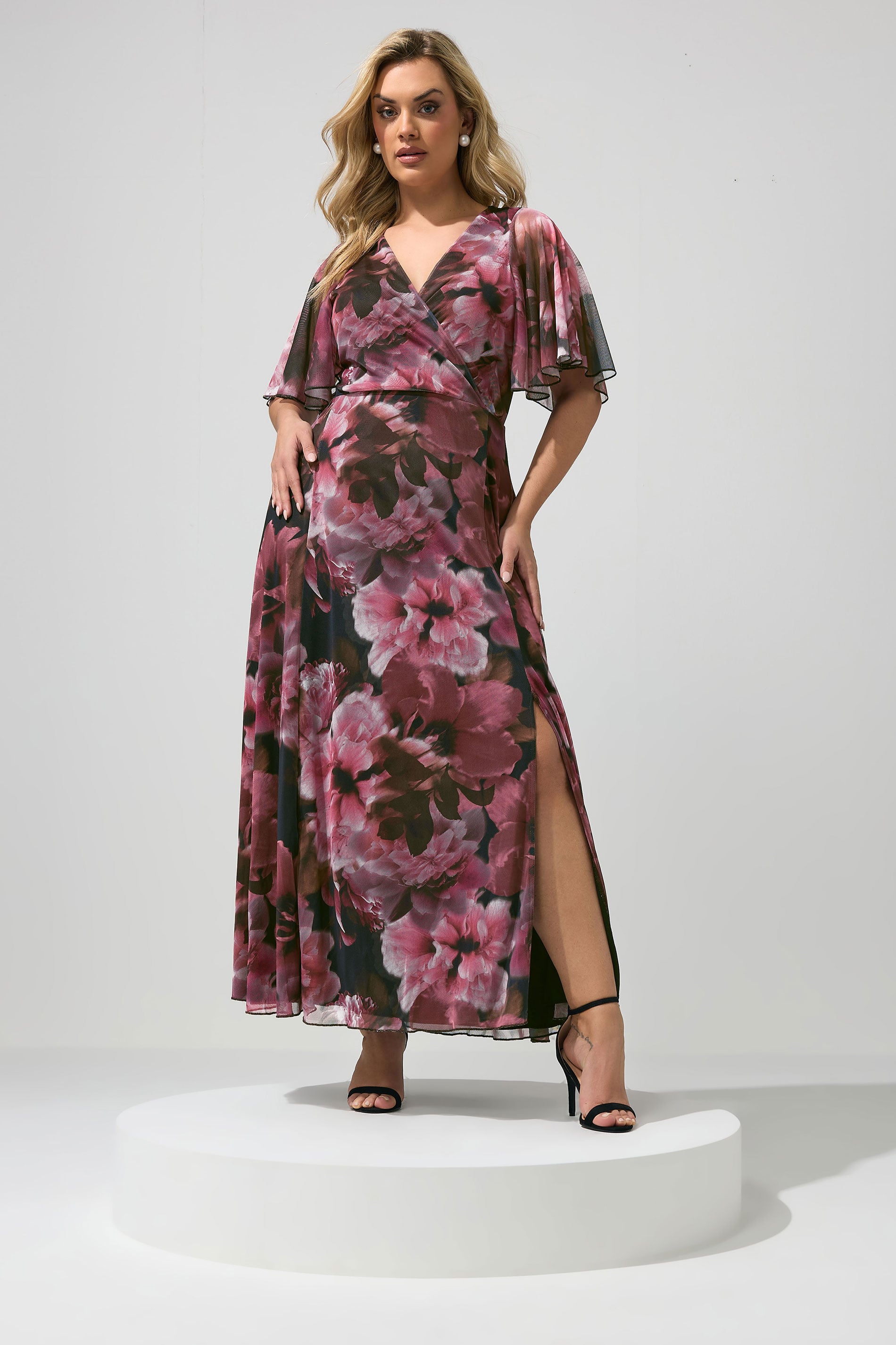 YOURS LONDON Plus Size Burgundy Red Floral Abstract Mesh Dress | Yours Clothing 1