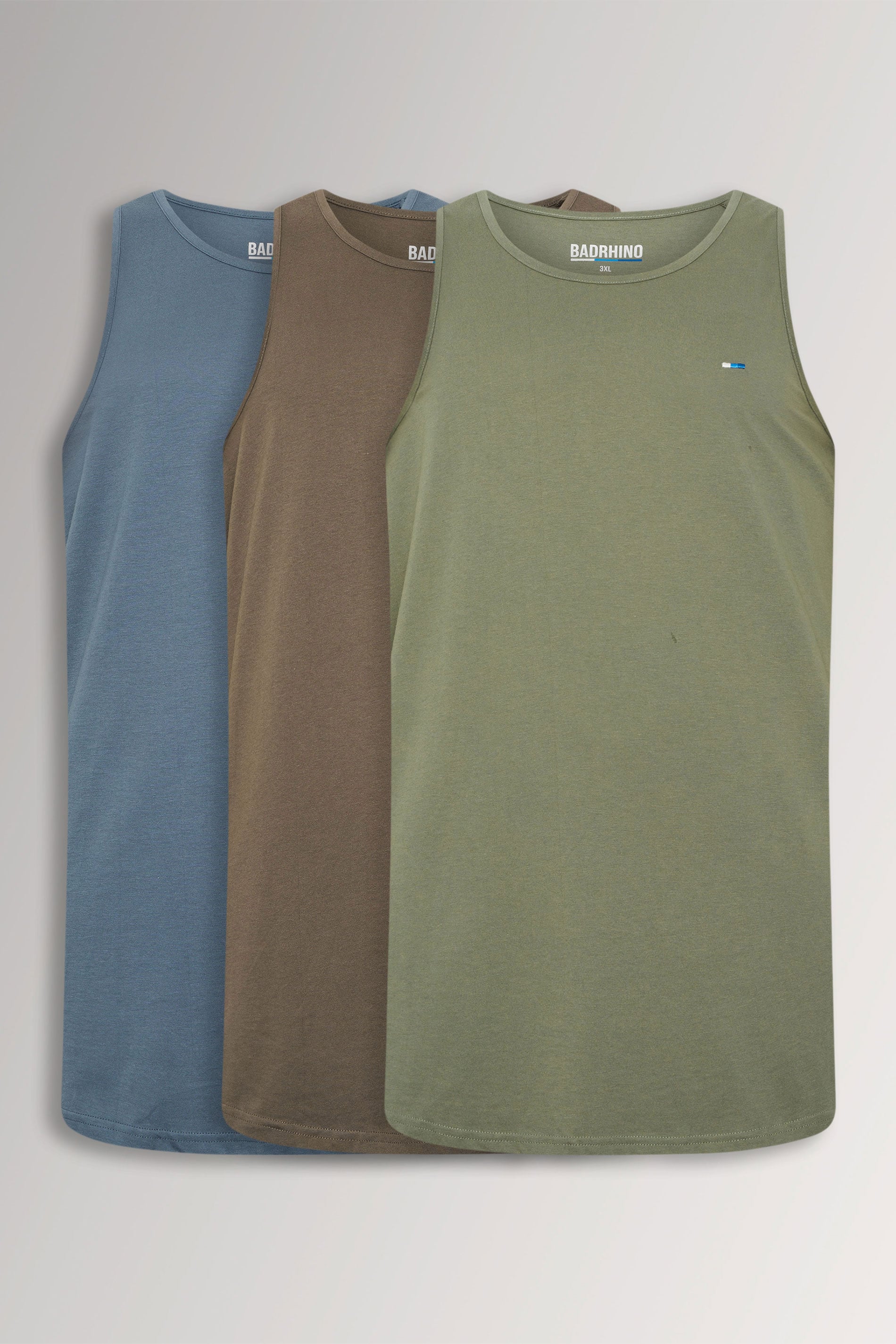 BadRhino Big & Tall 3 PACK Green/Blue/Brown Plain Vest Tops | BadRhino 3