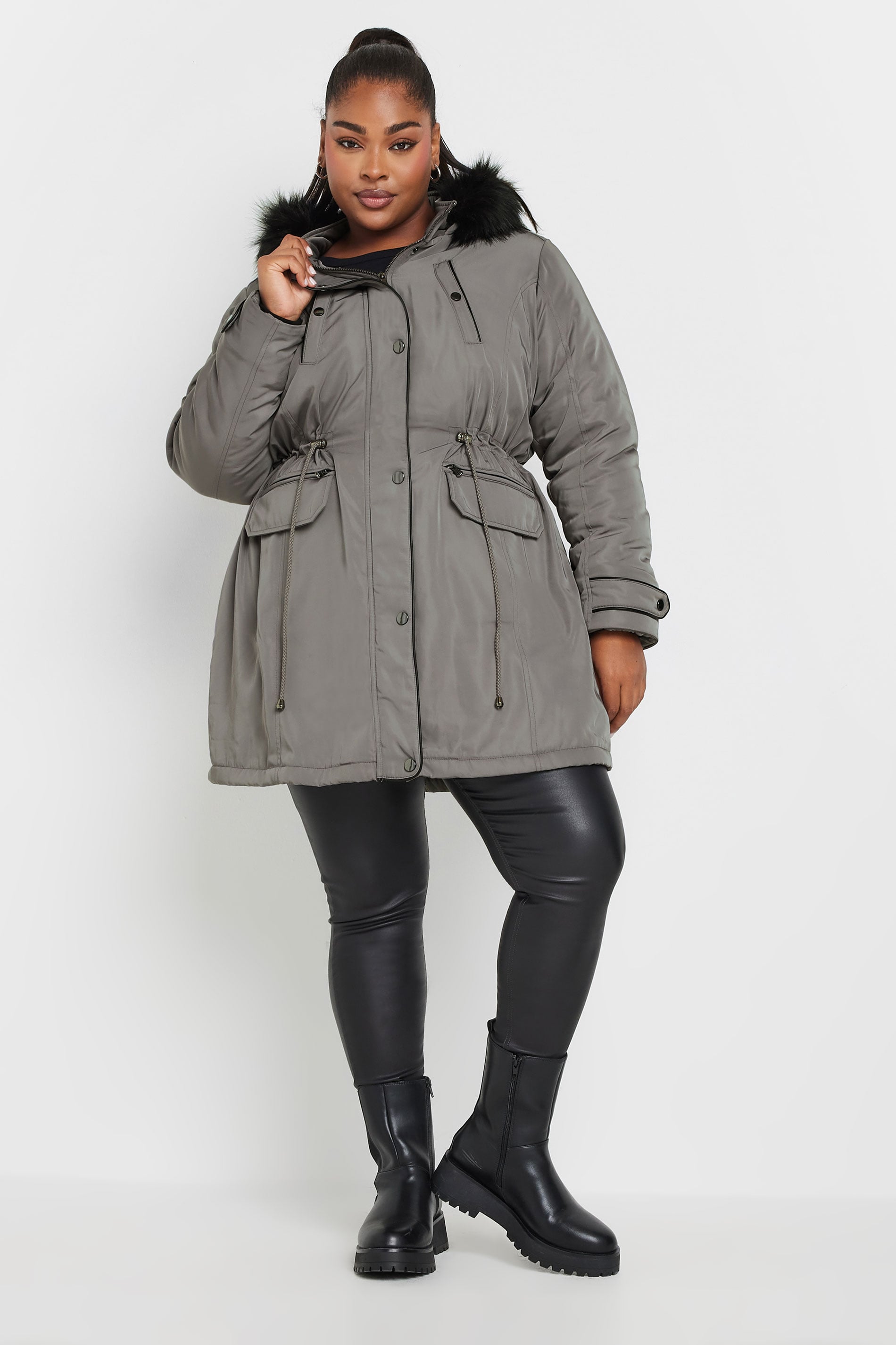 YOURS Plus Size Charcoal Grey Faux Fur Trim Plush Parka Jacket | Yours Clothing 2