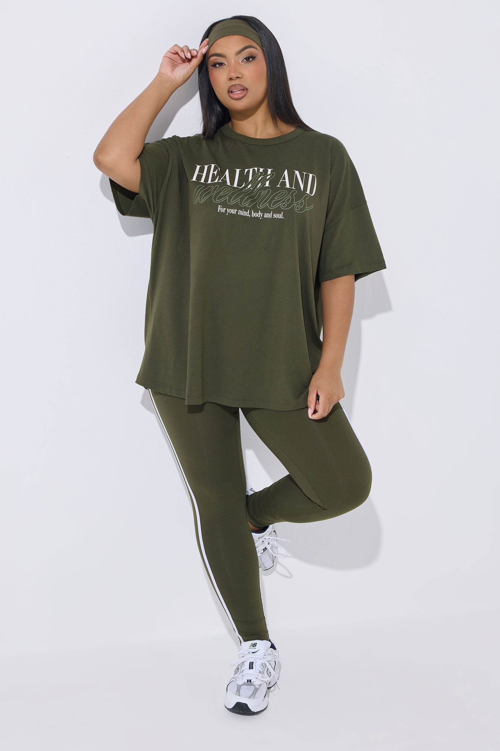 YOURS ACTIVE Plus Size Khaki Green Side Stripe Leggings | Yours Clothing 1