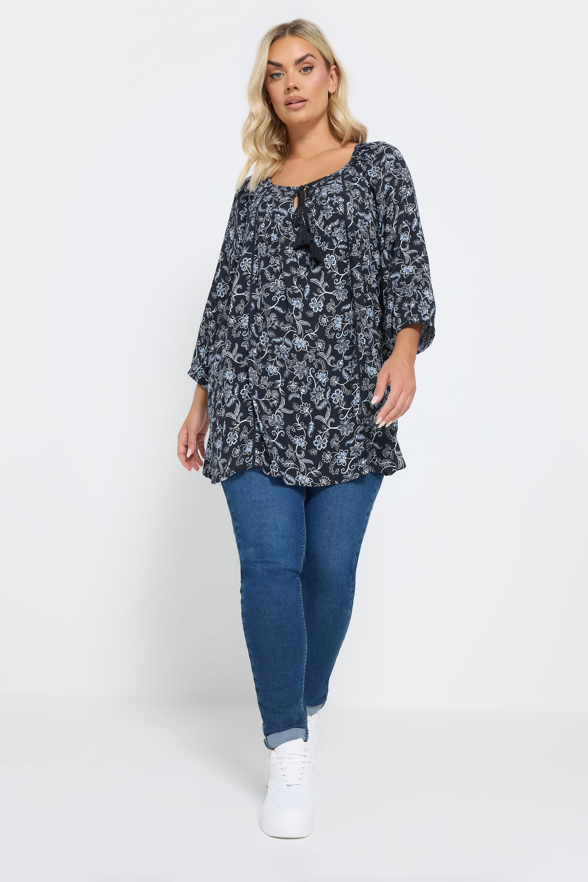 YOURS Plus Size Navy Blue Floral Print Tie Front Top | Yours Clothing 2