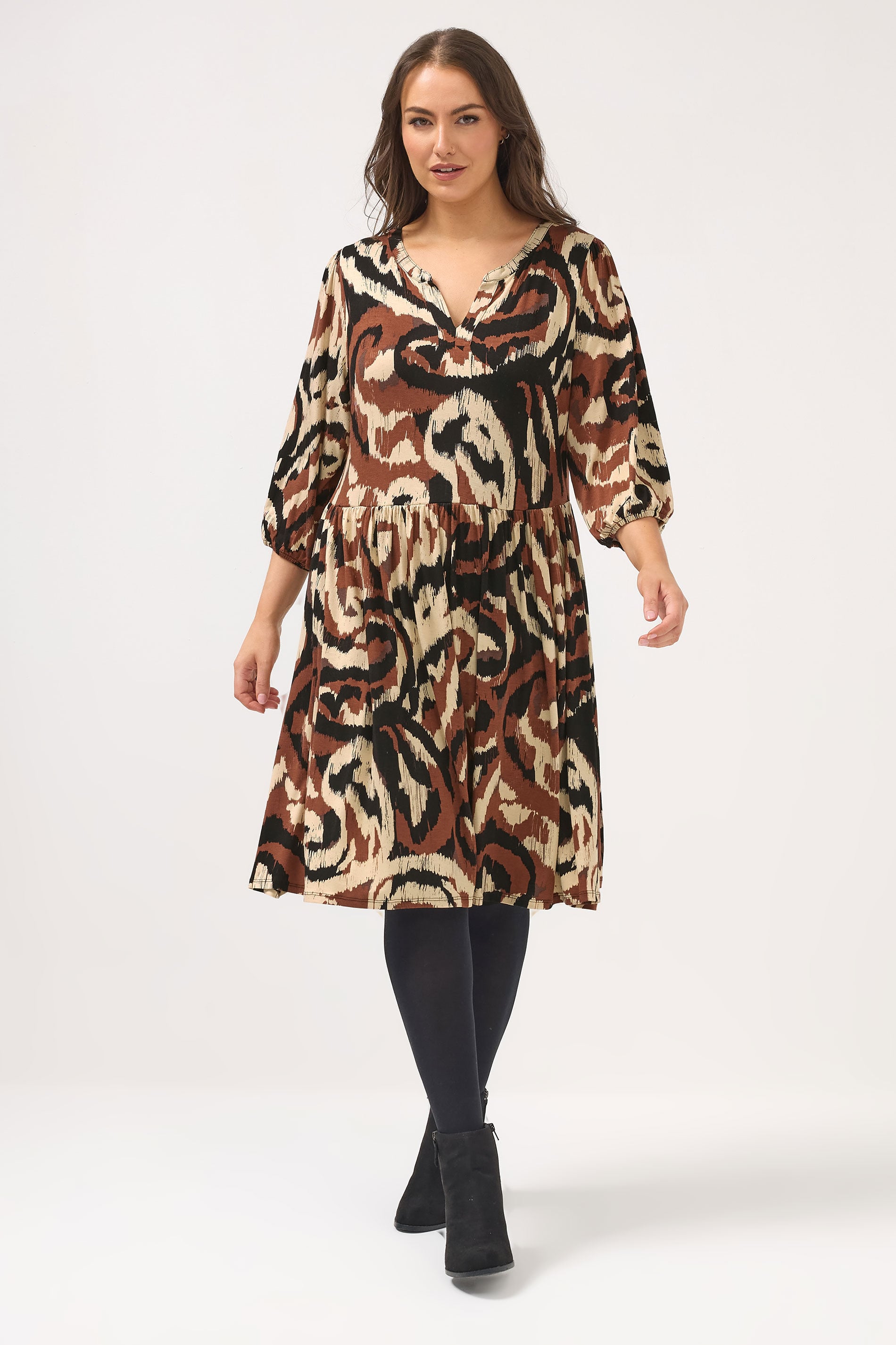 YOURS Plus Size Brown Abstract Notch Neck Dress | Yours Clothing 3