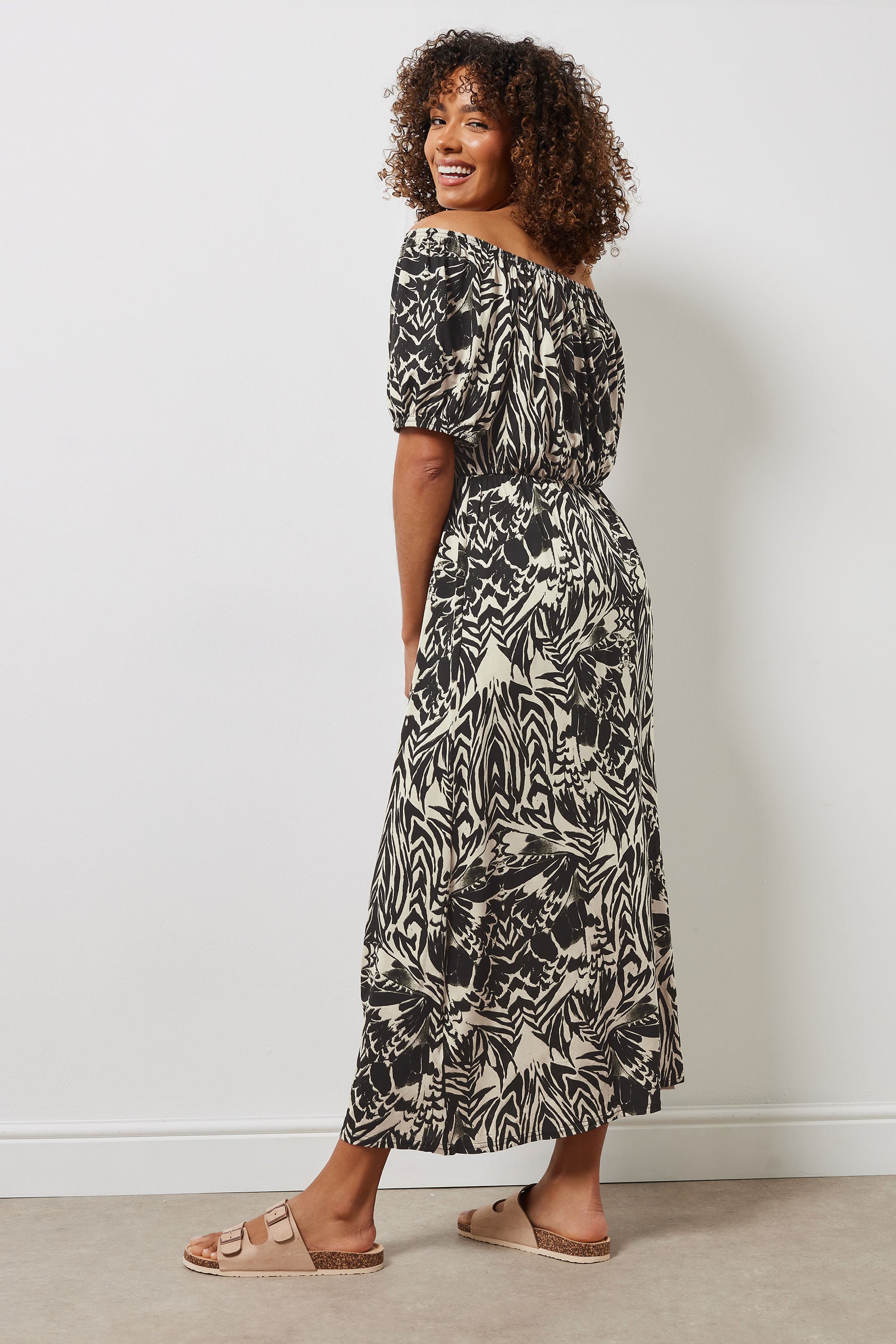 M&Co Neutral Brown & Black Abstract Print Bardot Dress 4